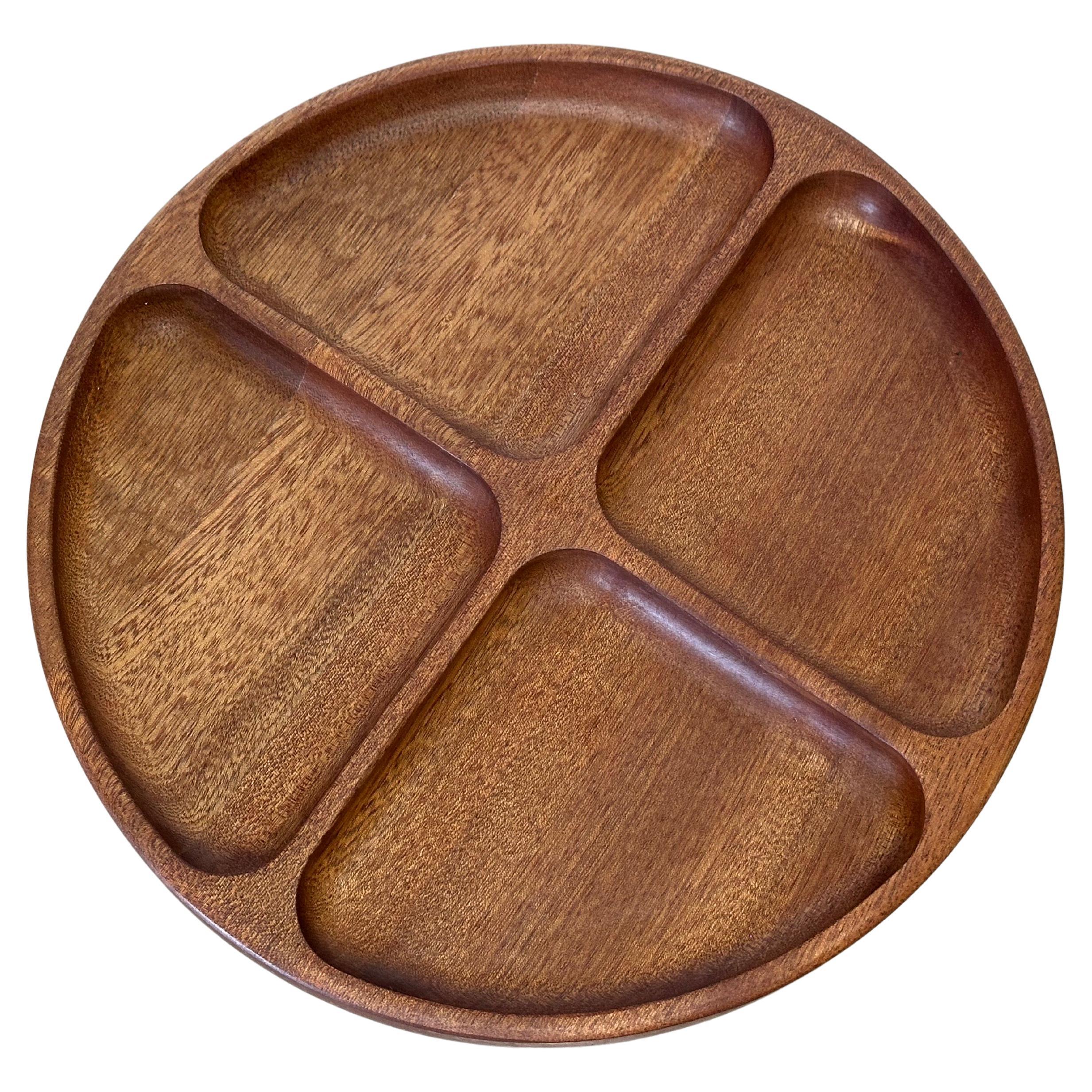 Vintage Mid-Century Danish Teak Round Divided Serving Tray Catch All For Sale 1