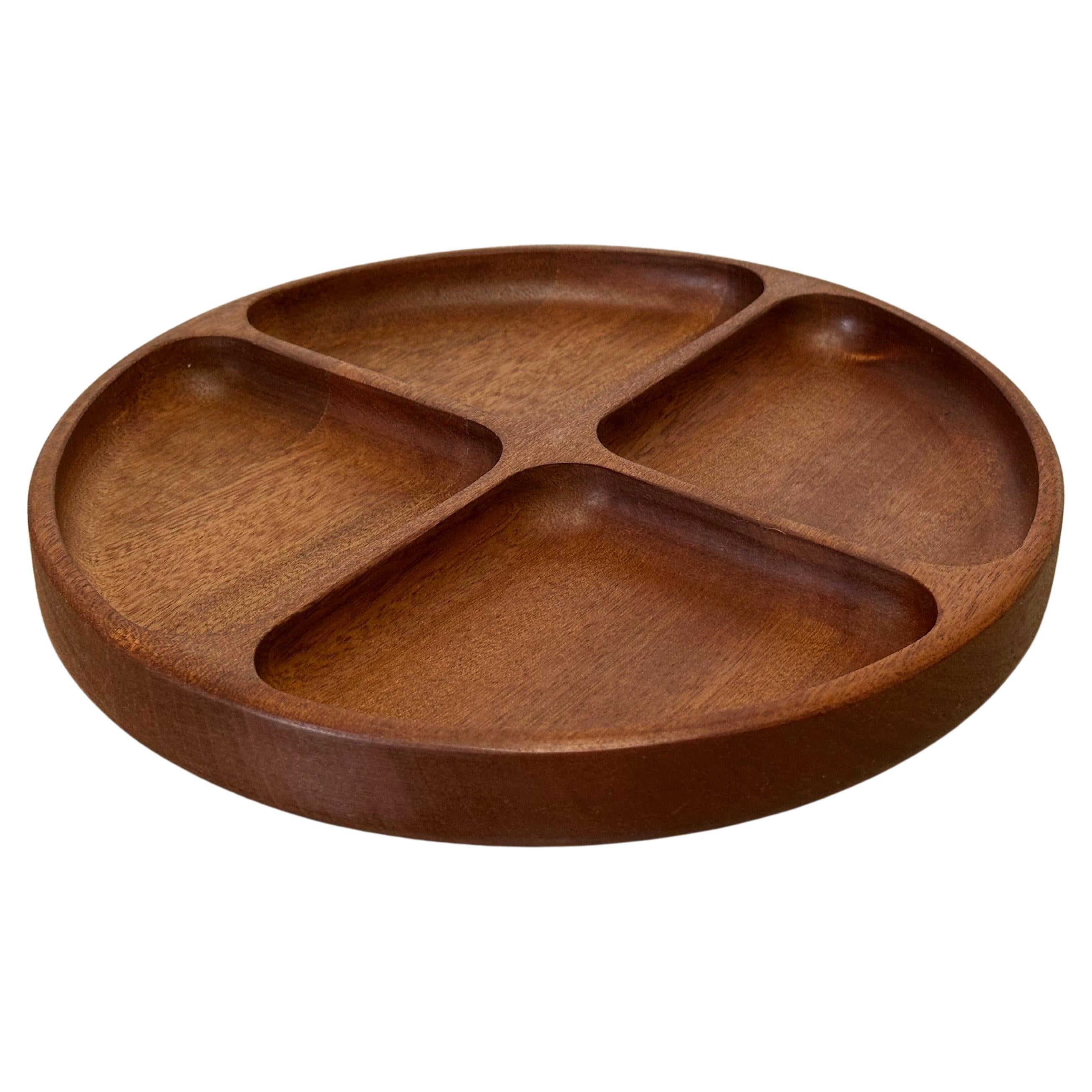 Vintage Mid-Century Danish Teak Round Divided Serving Tray Catch All For Sale 2