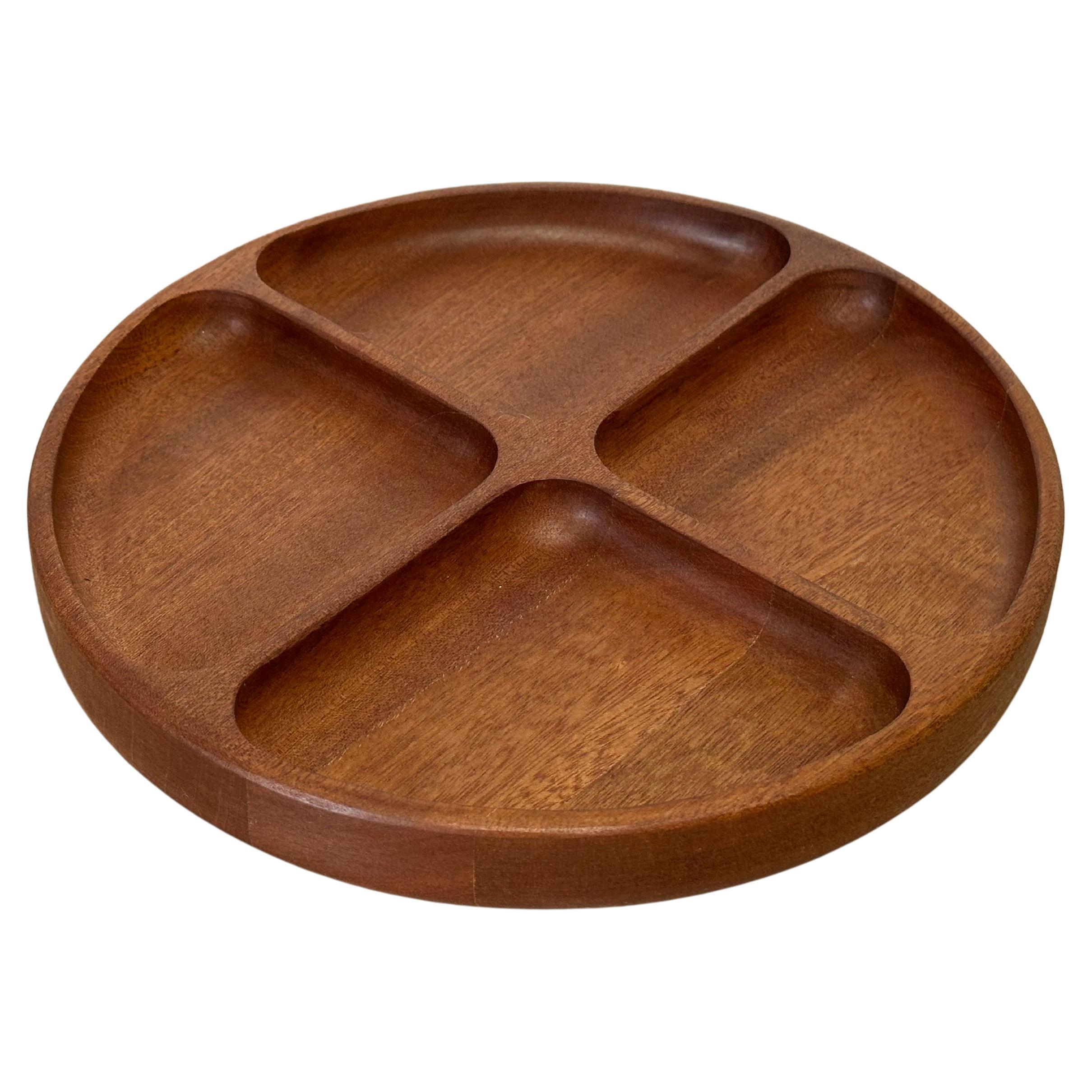 Vintage Mid-Century Danish Teak Round Divided Serving Tray Catch All For Sale