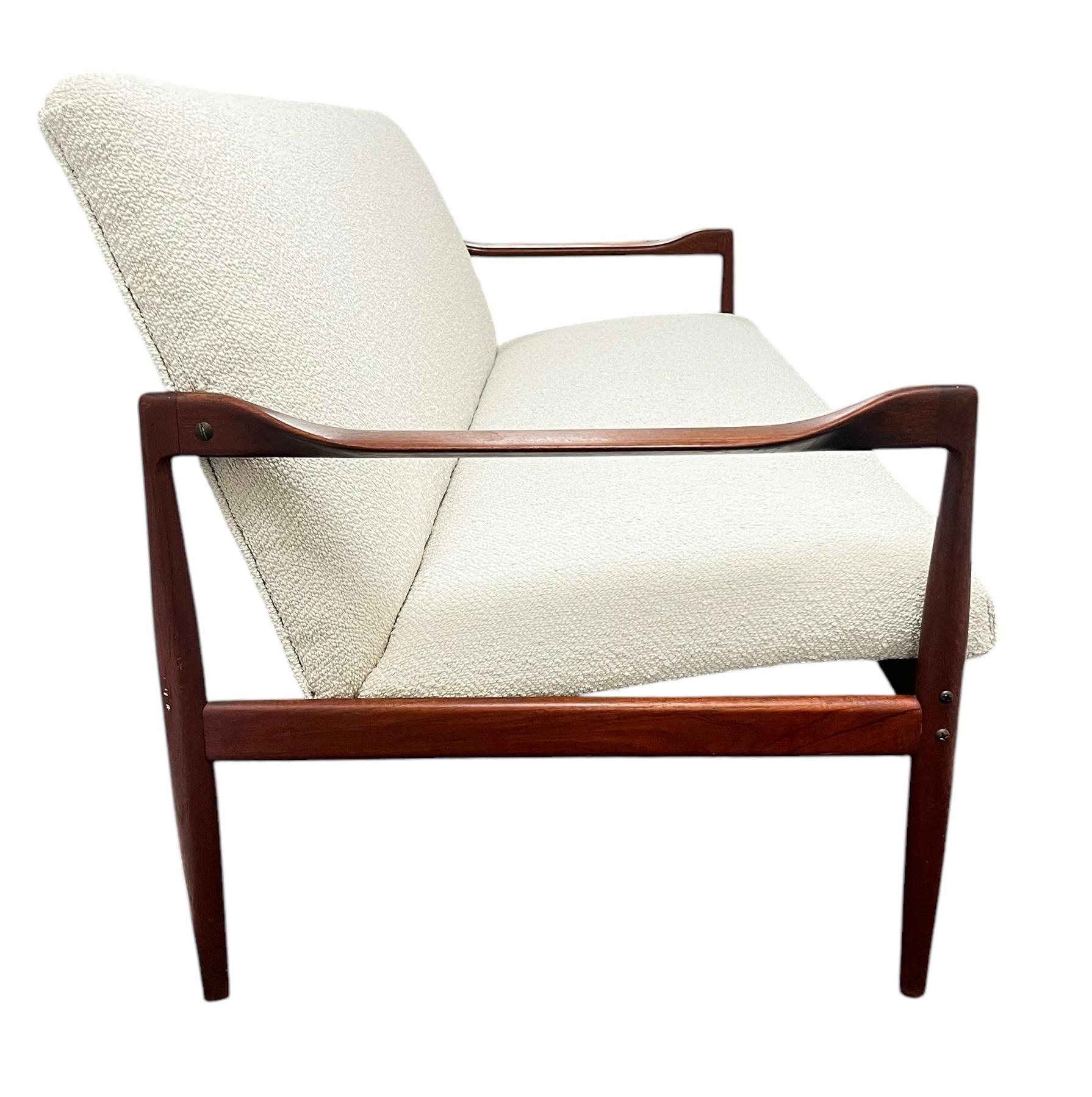Bouclé Vintage Mid-Century Danish Teakwood Sofa For Sale
