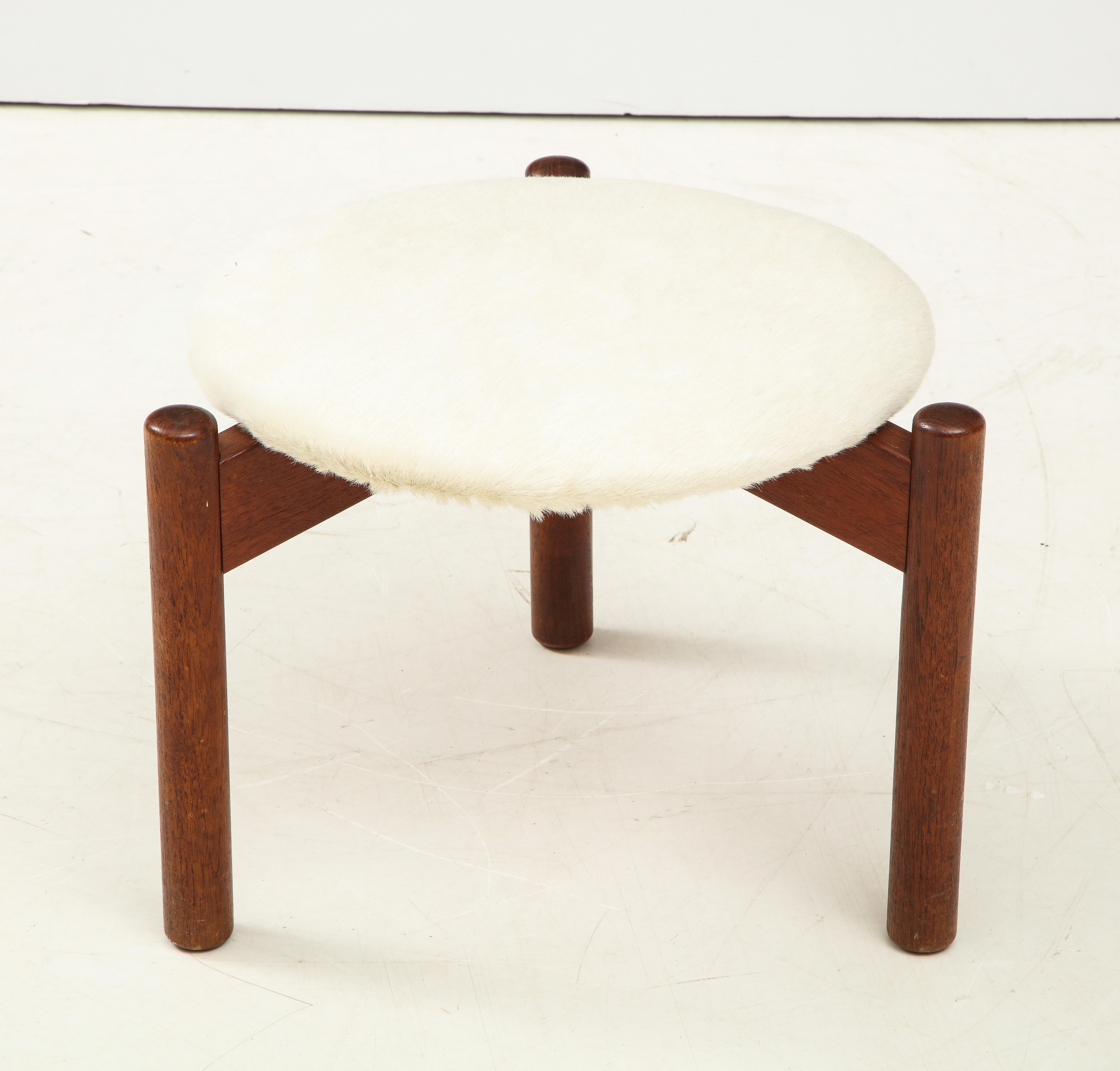 Wood Vintage Mid-Century Danish Tripod Stool with Cow Hair For Sale