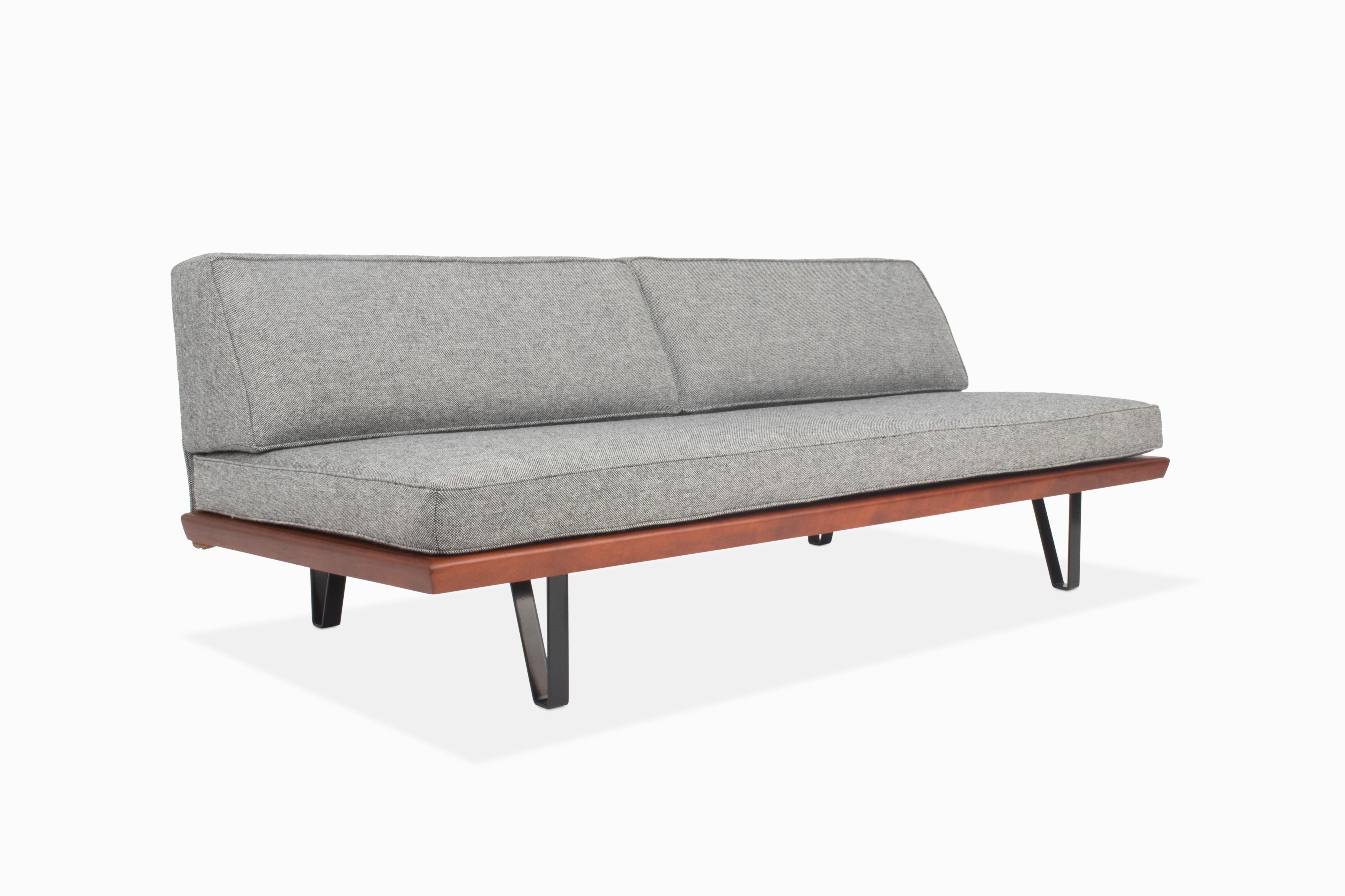 Here is a beautiful expanding daybed by Mel Bogart for Felmore Associates. This sofa has been fully restored - freshly powder-coated iron base, refinished walnut frame and reupholstered in wool Hallingdal fabric by Kvadrat. The clever pull-out