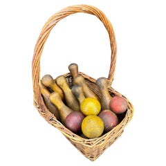 Used Mid-Century Decorative Basket With Wood Bowling Pins
