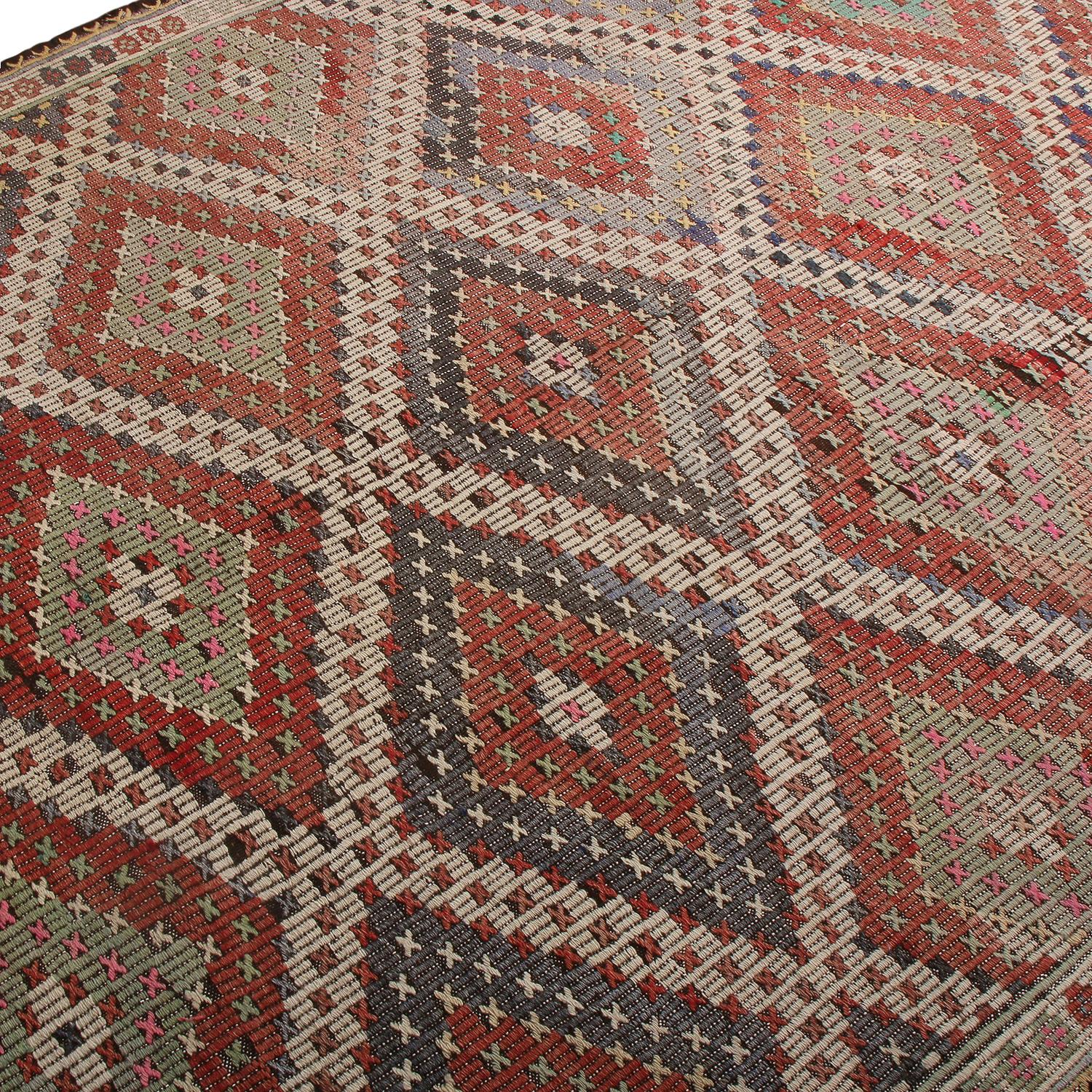 Turkish Vintage Midcentury Denizli Diamond Red and Beige-Brown Wool Kilim Rug