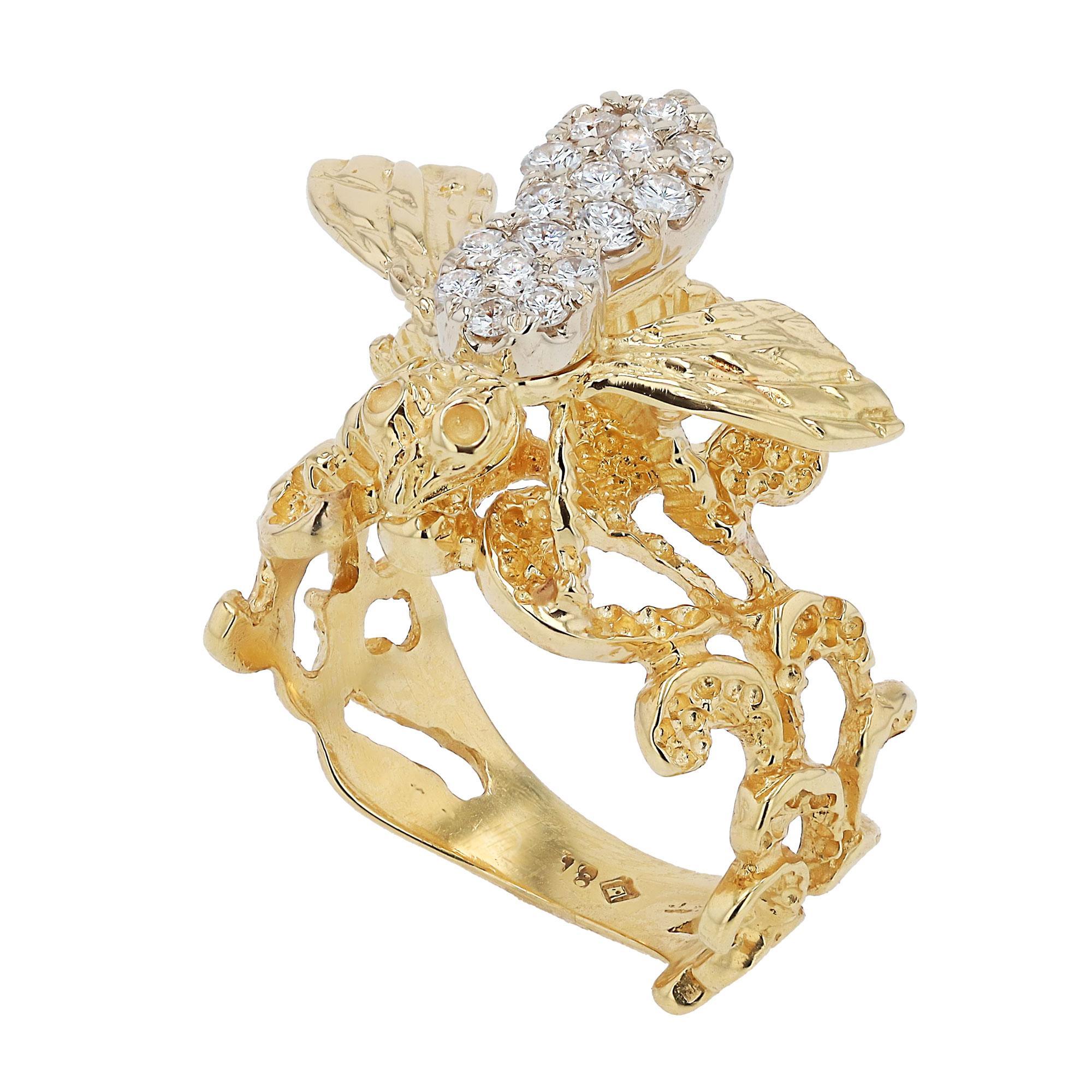 Retro Vintage Mid Century Diamond and Yellow Gold Bumble Bee Ring