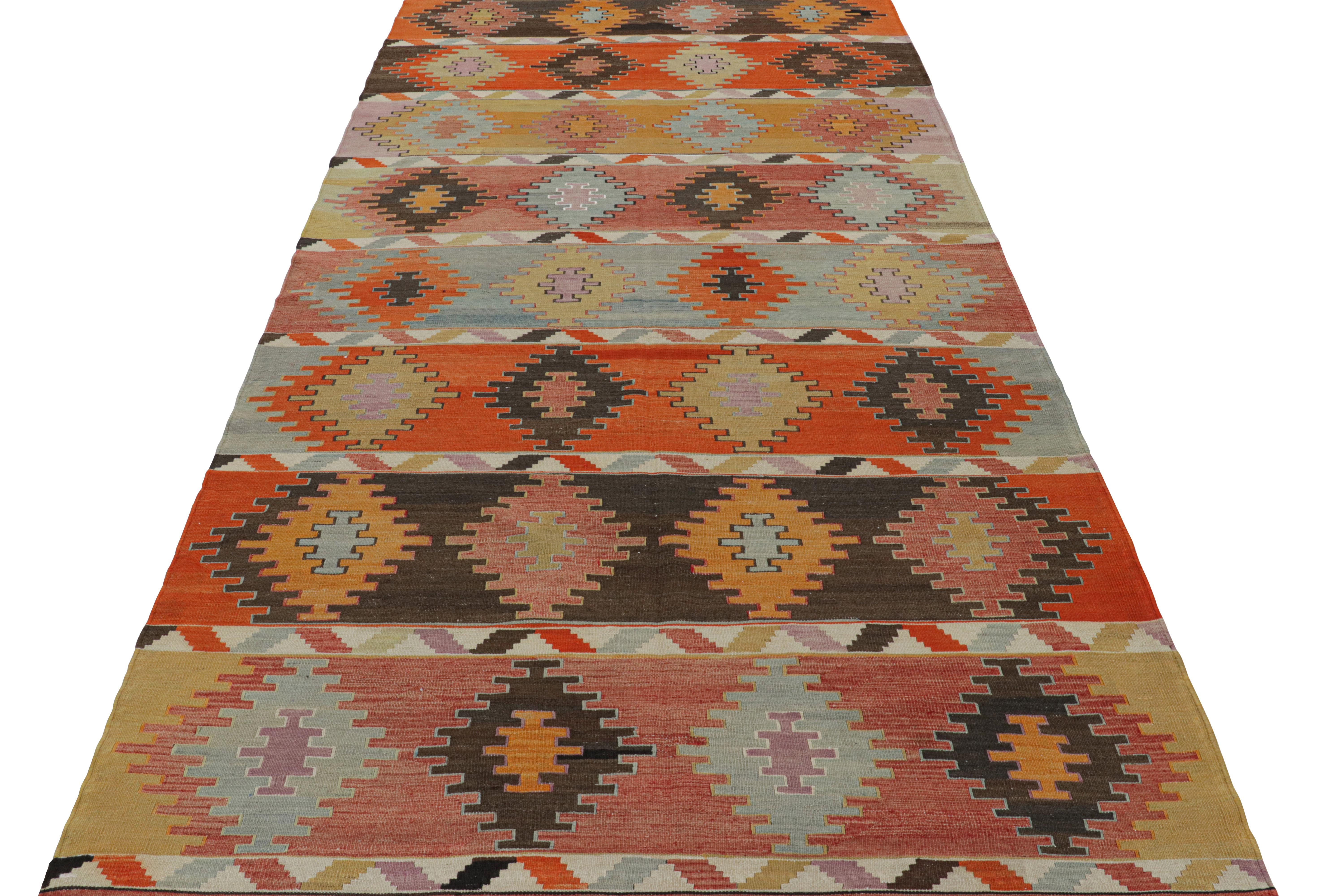 Hand-Woven Vintage Mid-Century Diamond Blue Orange Multi-Color Wool Rug by Rug & Kilim For Sale