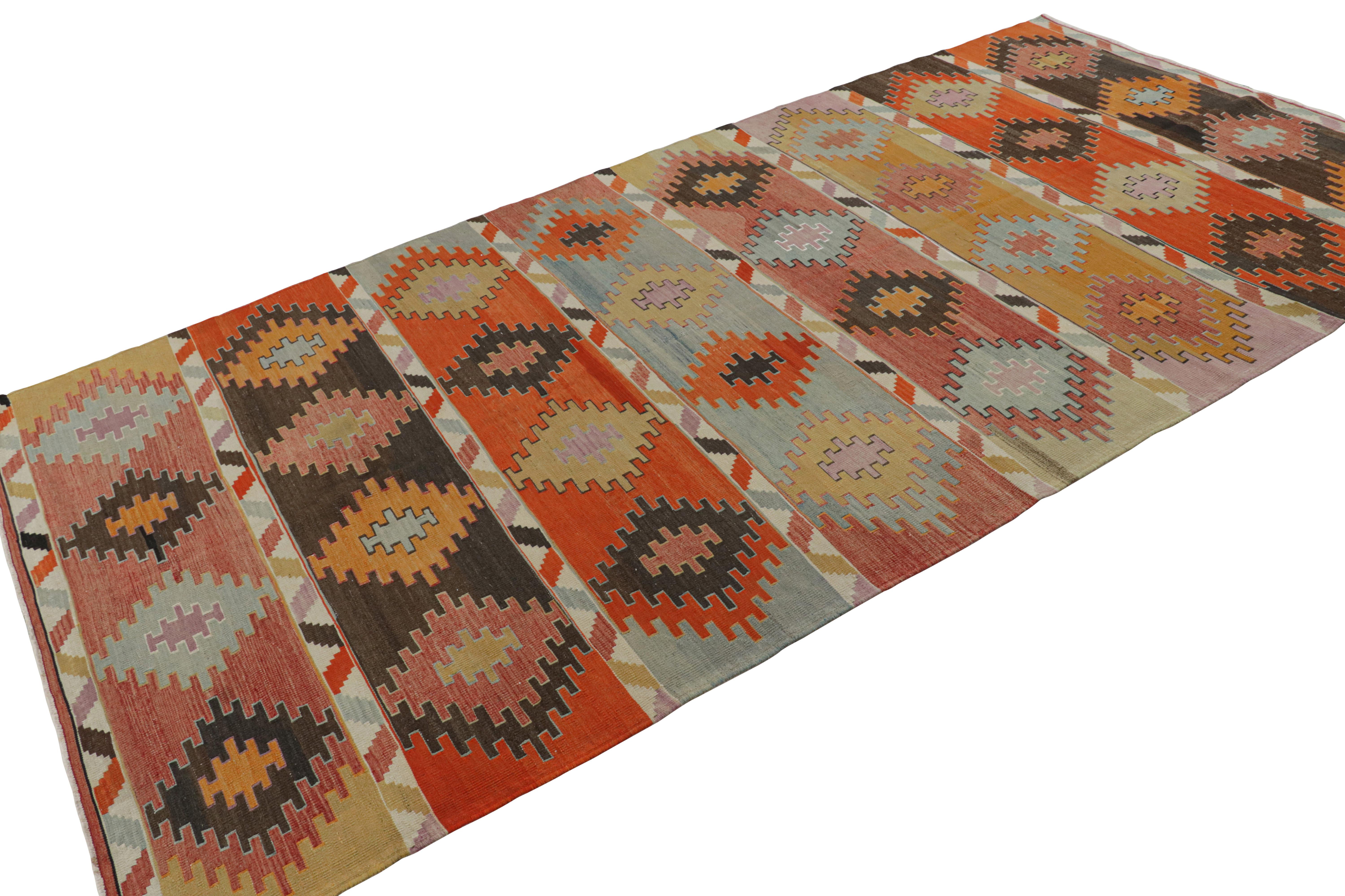 Turkish Vintage Mid-Century Diamond Blue Orange Multi-Color Wool Rug by Rug & Kilim For Sale