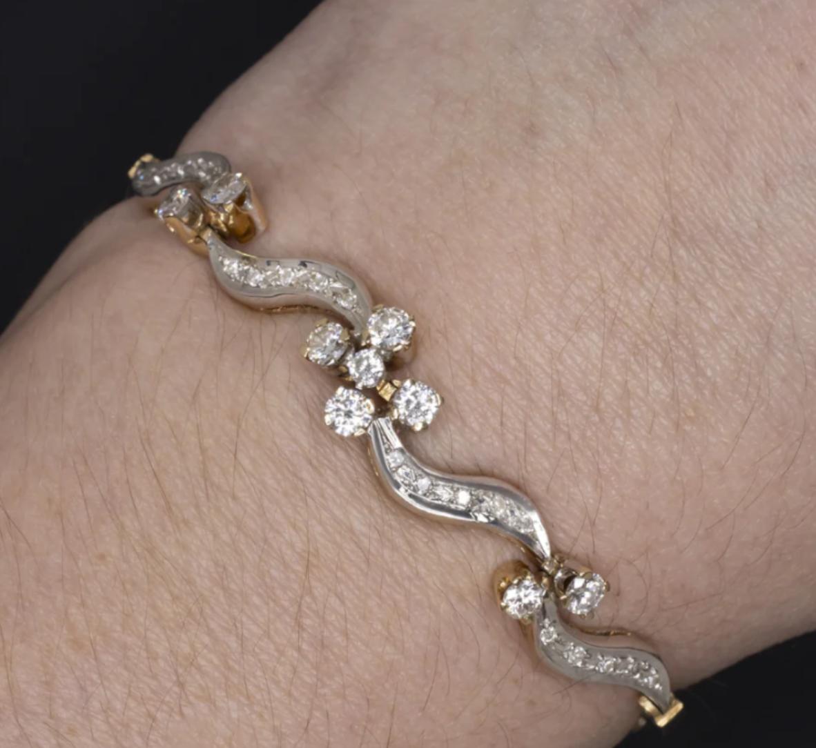 Round Cut Vintage Mid-Century Diamond Cluster 14K Yellow and White Gold Swirl Bracelet For Sale