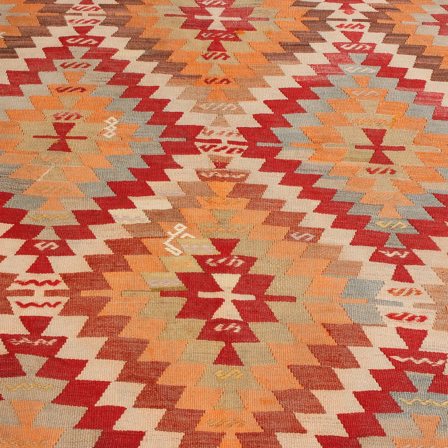 Turkish Vintage Mid-Century Diamond Golden Yellow and Red Wool Kilim Rug by Rug & Kilim For Sale