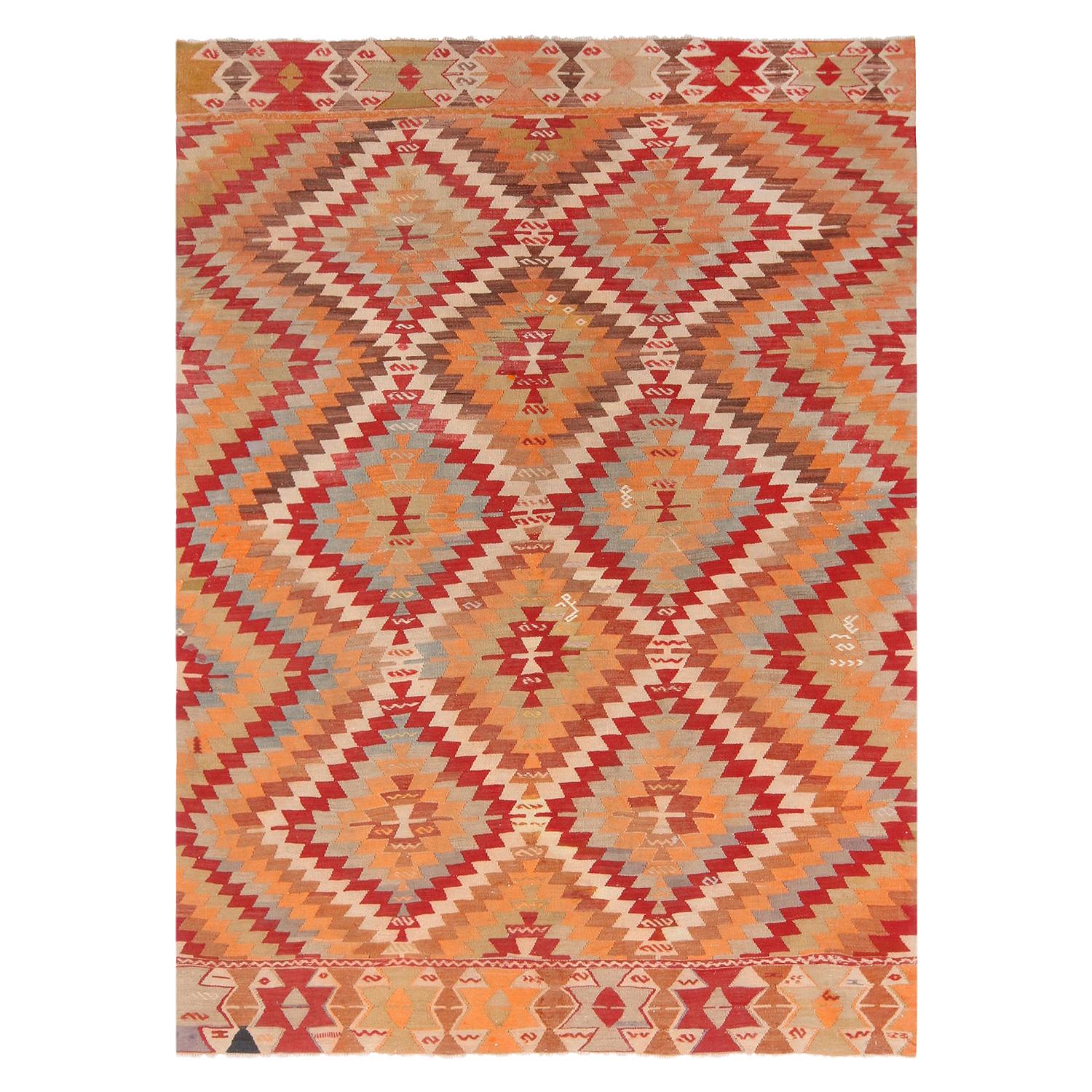 Vintage Mid-Century Diamond Golden Yellow and Red Wool Kilim Rug by Rug & Kilim For Sale
