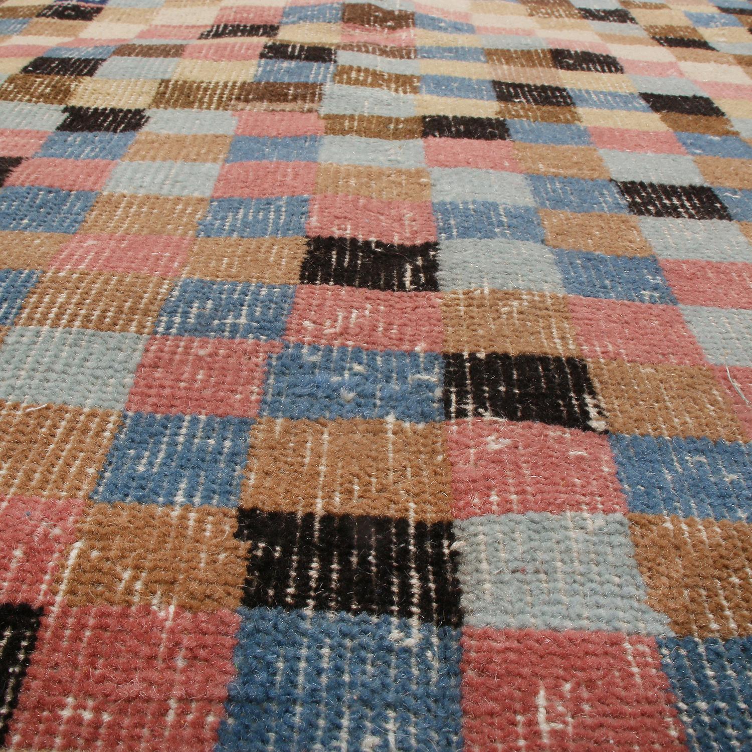 Mid-Century Modern Vintage Midcentury Diamond Pattern Pink and Blue Wool Rug