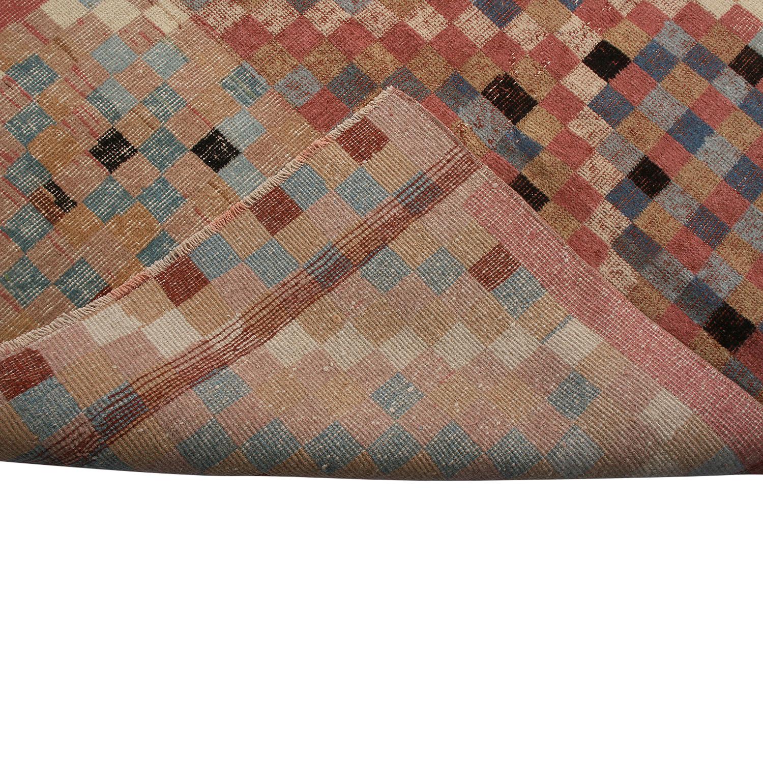 Hand-Knotted Vintage Midcentury Diamond Pattern Pink and Blue Wool Rug
