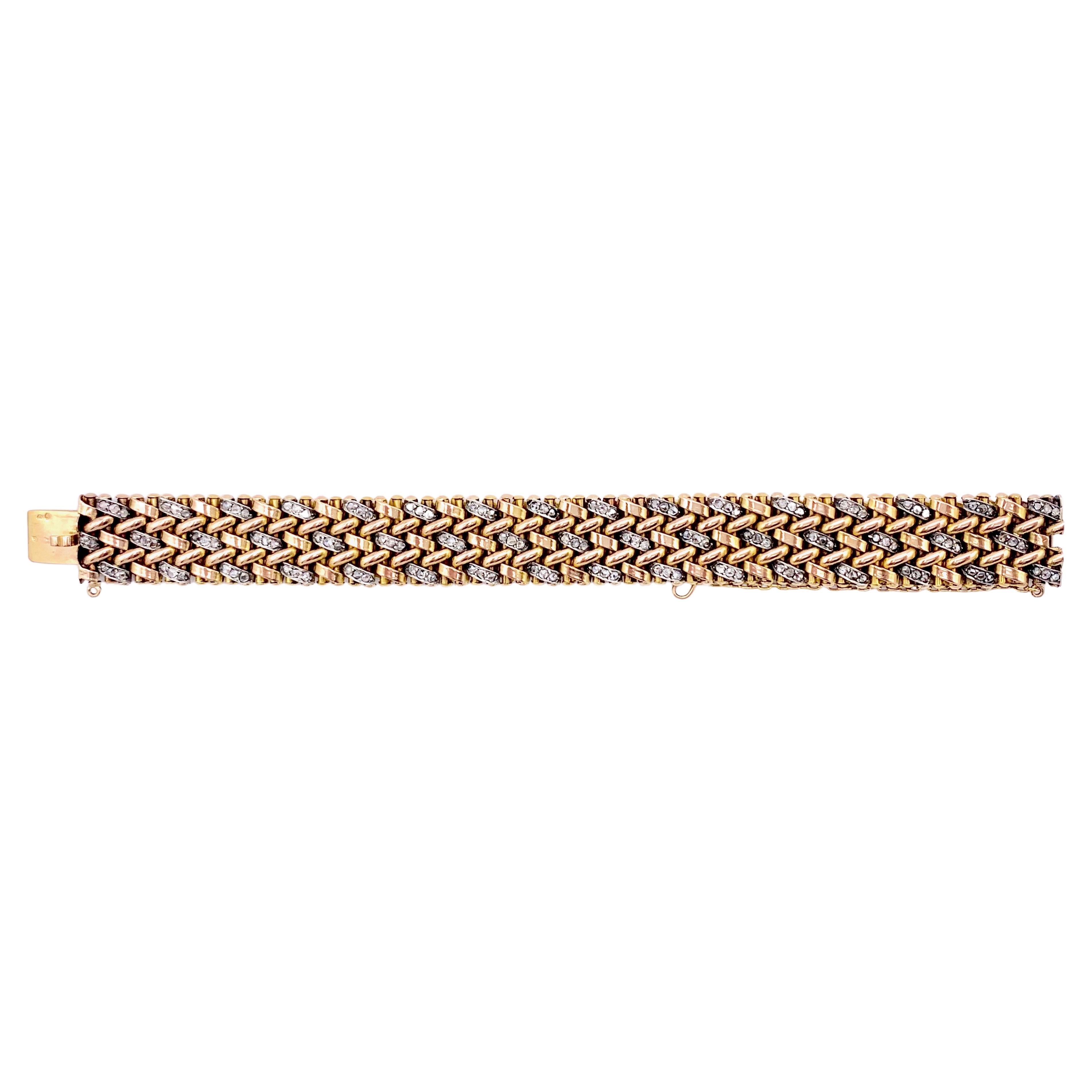 This mid-century vintage flexible link bracelet is made out of 18K red and yellow gold, as well as silver. This flexible link bracelet is a versatile and uncomplicated piece of jewellery. Gold and silver articulated elements are arranged to form a