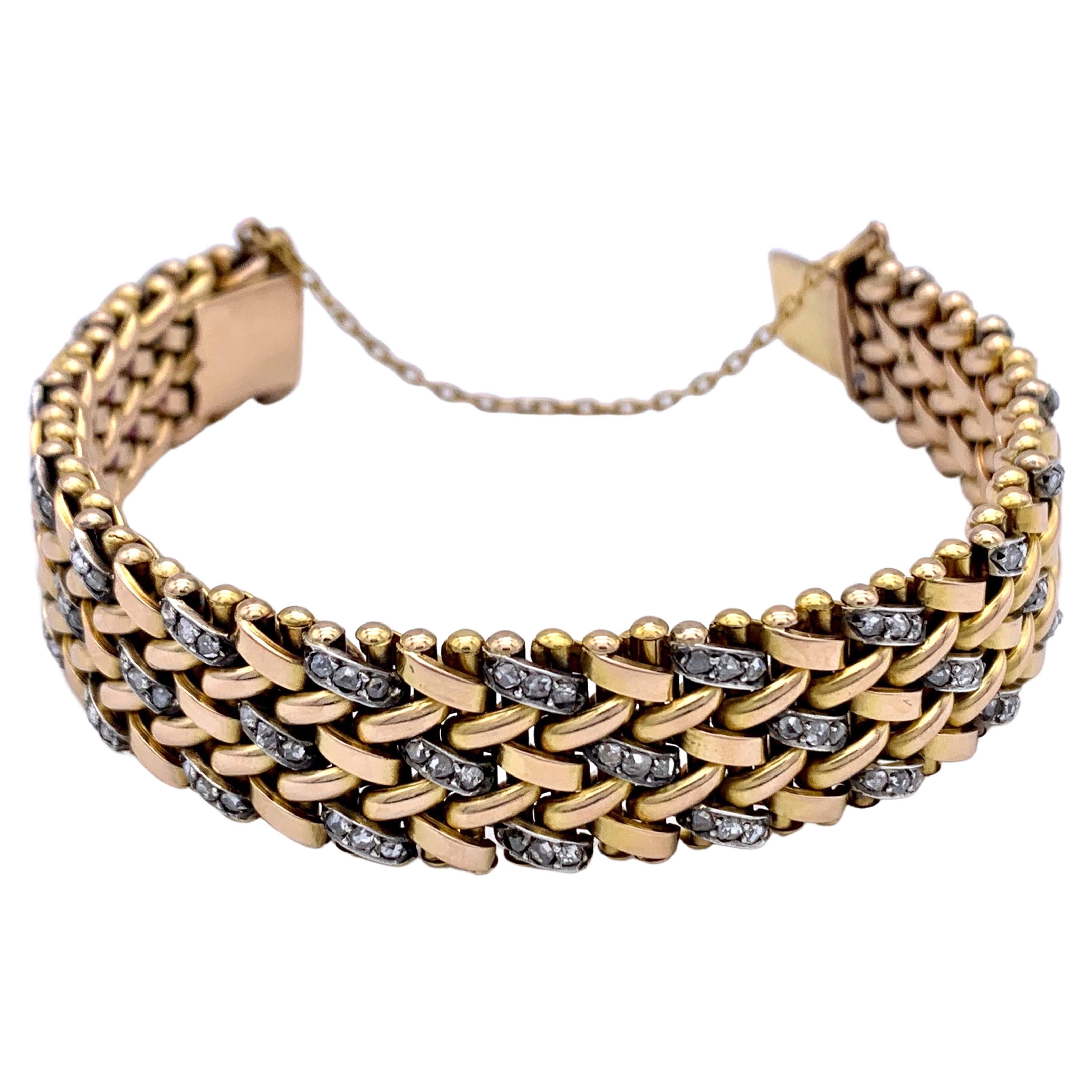 Vintage Mid-Century Diamond Red Yellow Gold Silver Flexible Link Bracelet
