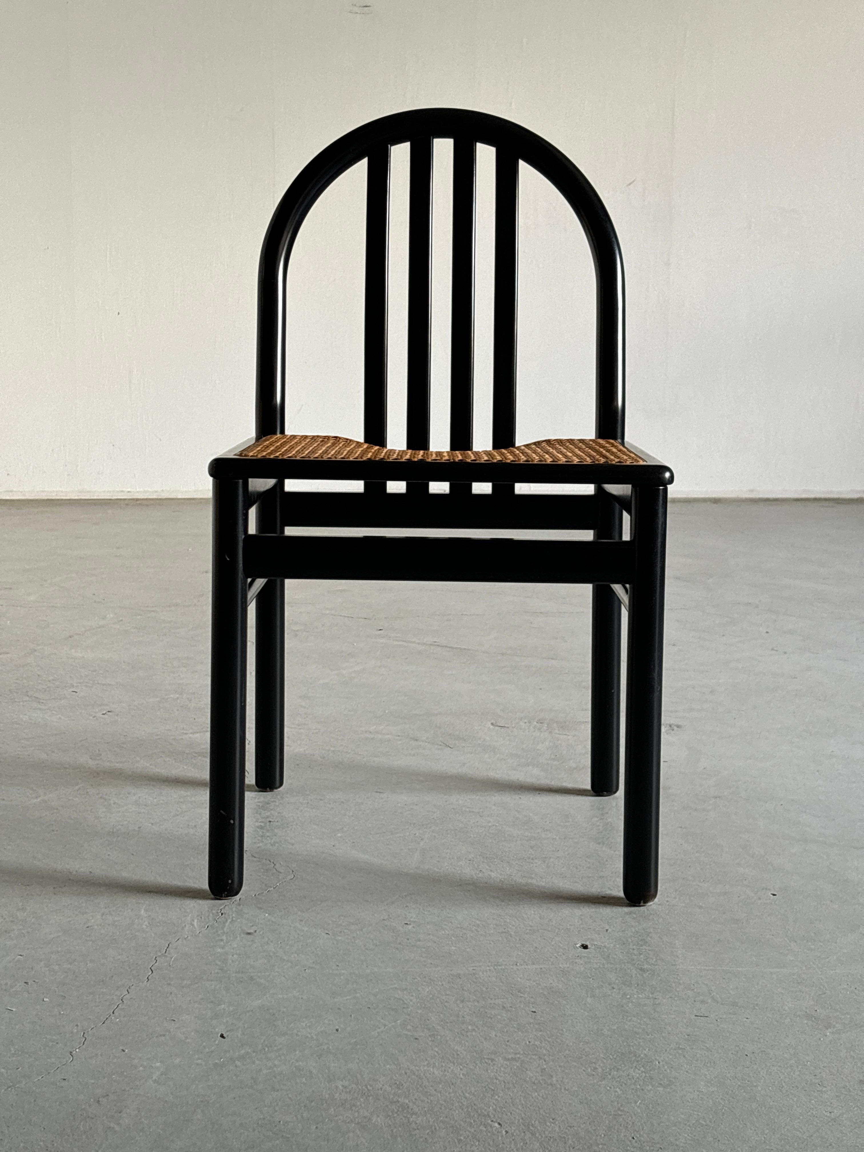 Italian Vintage Mid-Century Dining Chairs in Black Lacquered Wood and Cane, 1980s Italy For Sale