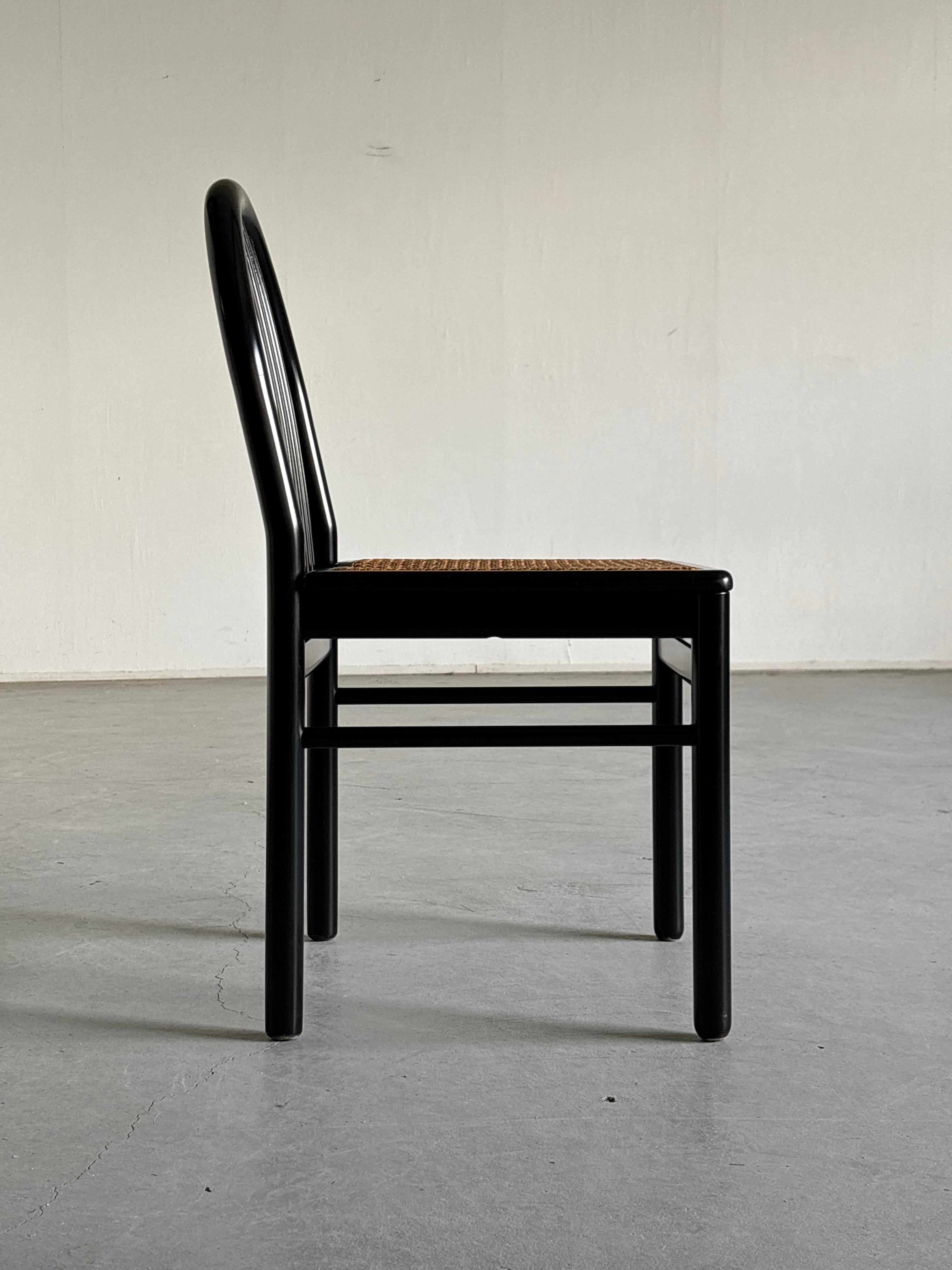 Late 20th Century Vintage Mid-Century Dining Chairs in Black Lacquered Wood and Cane, 1980s Italy For Sale