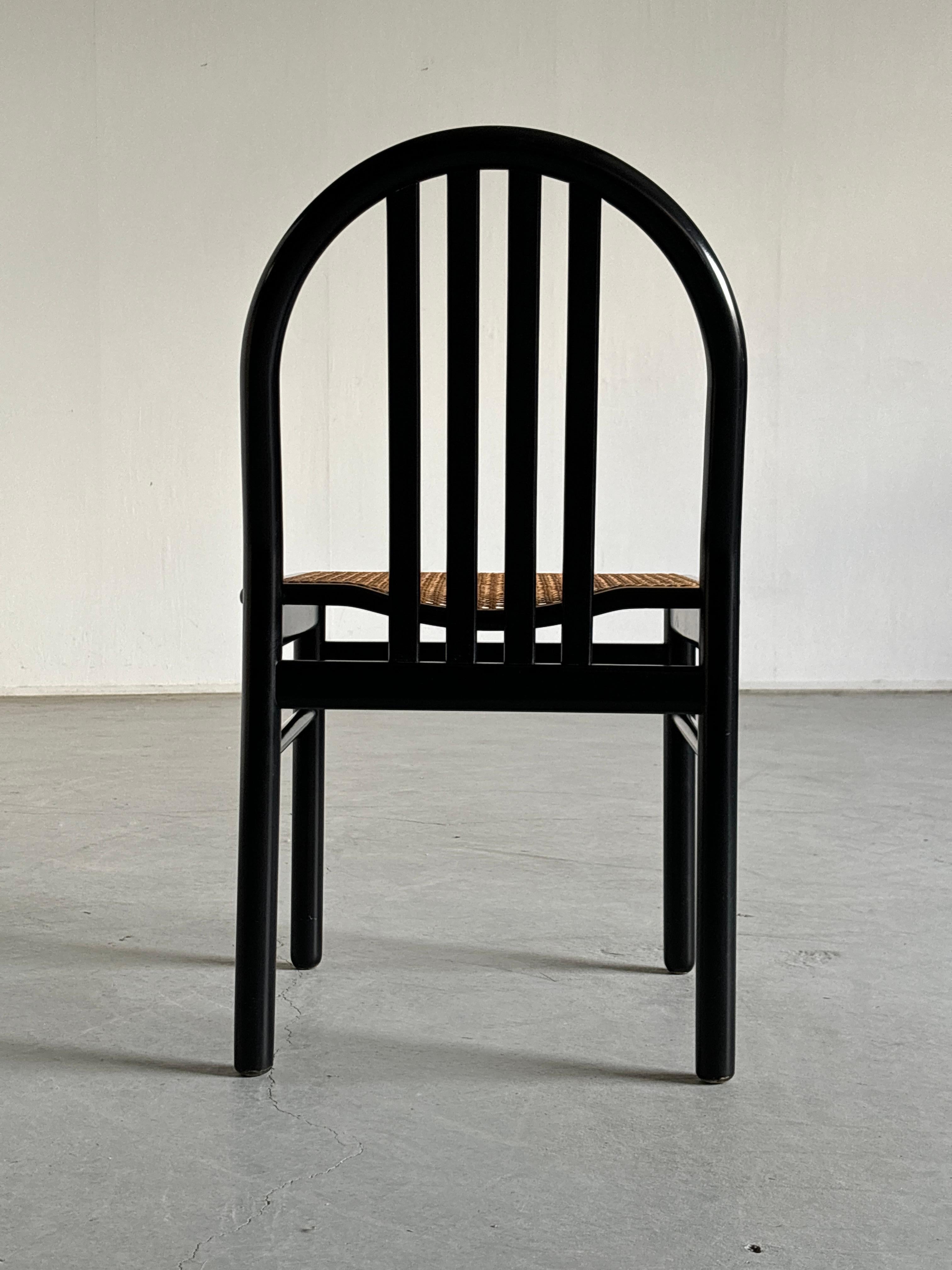 Vintage Mid-Century Dining Chairs in Black Lacquered Wood and Cane, 1980s Italy For Sale 1