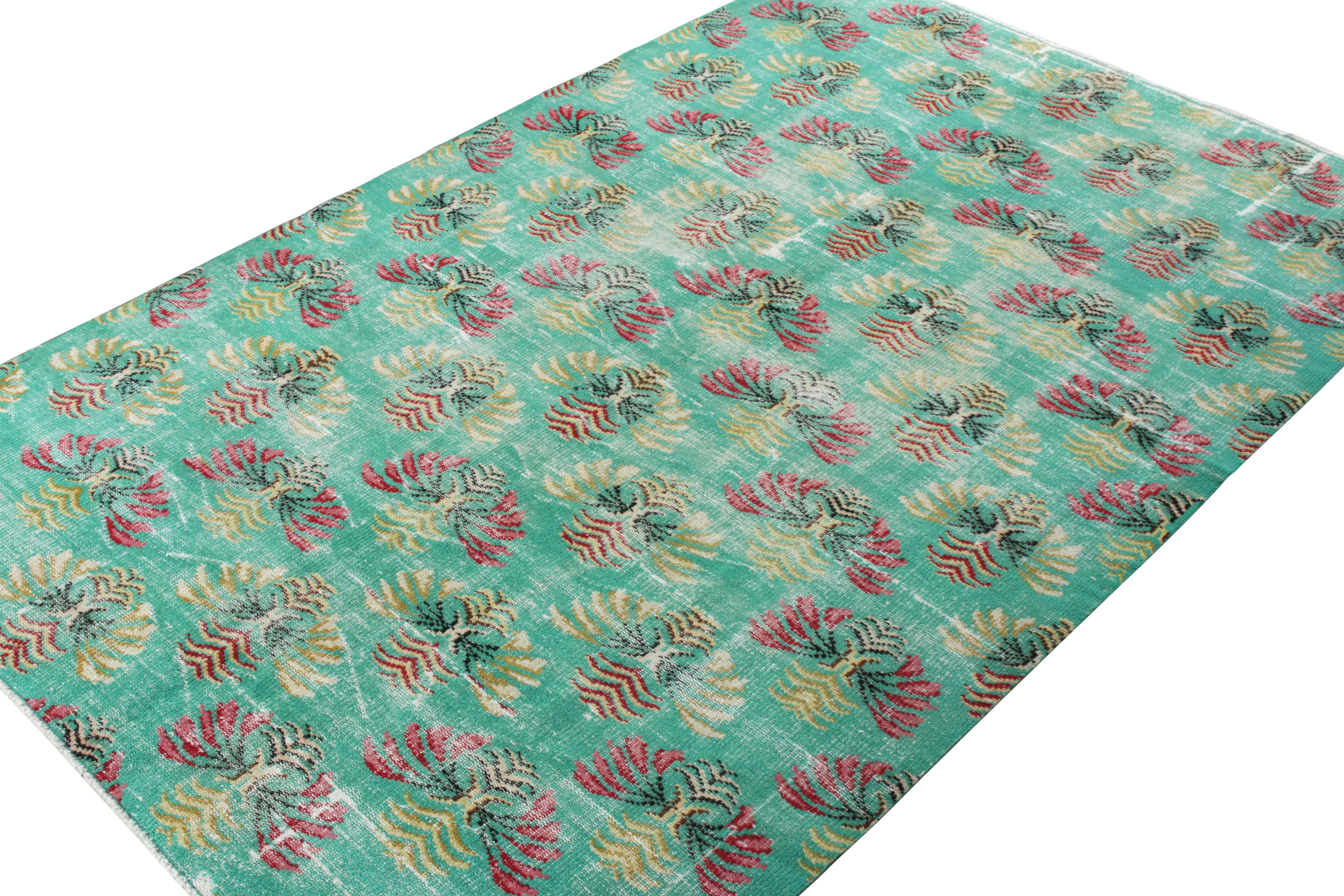 Art Deco Vintage Mid-Century Distressed Rug, Green, with All over Pattern by Rug & Kilim For Sale