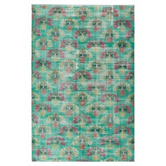Vintage Mid-Century Distressed Art Nouveau Rug, Green with All over Pattern