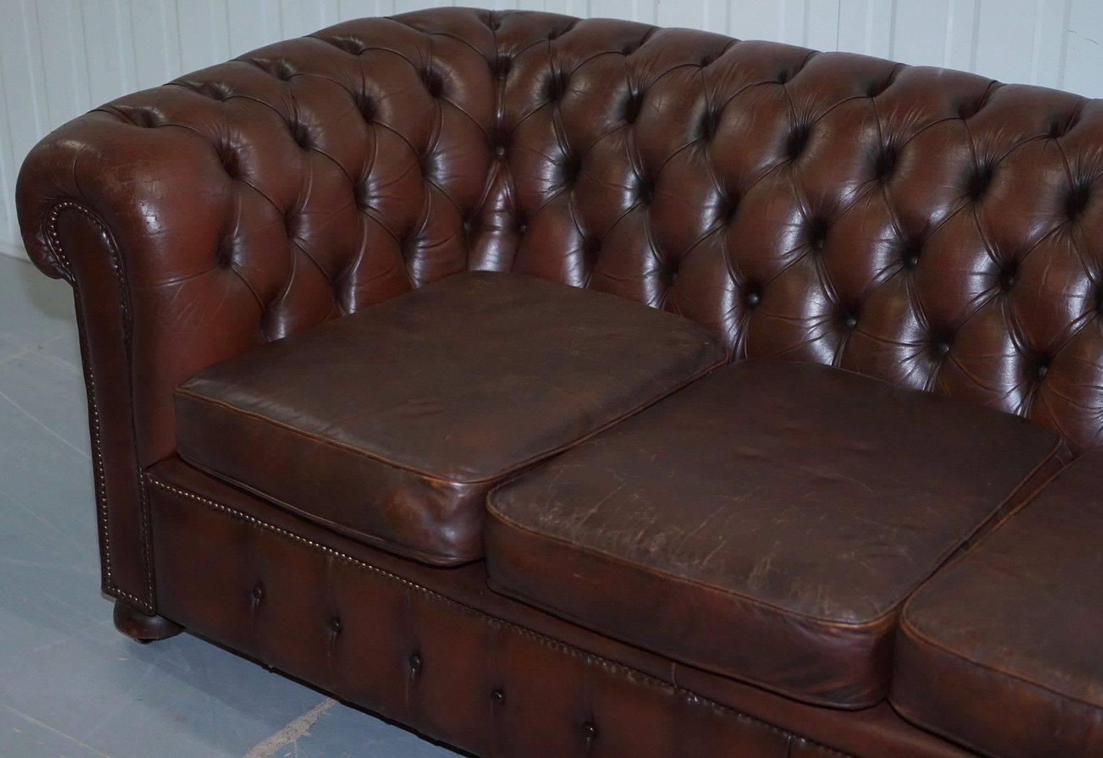 British Vintage Midcentury Distressed Chesterfield Aged Brown Leather Club Sofa Oak
