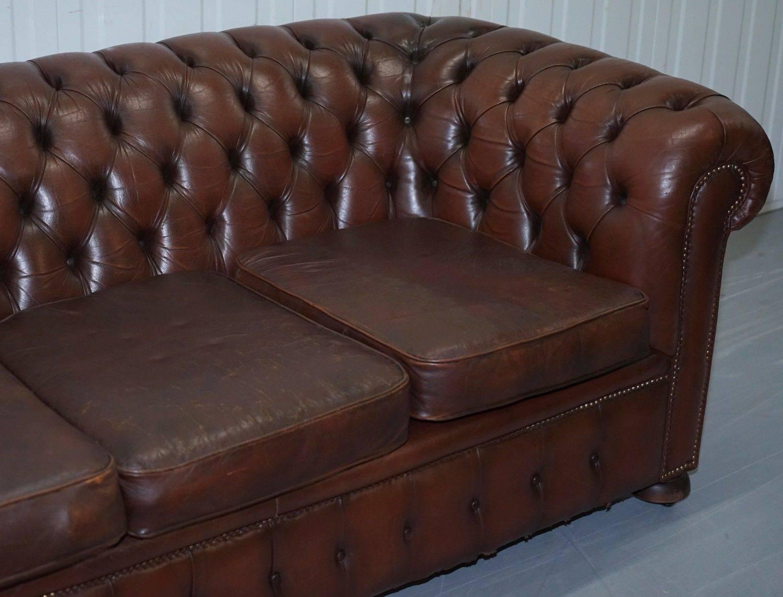 Hand-Carved Vintage Midcentury Distressed Chesterfield Aged Brown Leather Club Sofa Oak