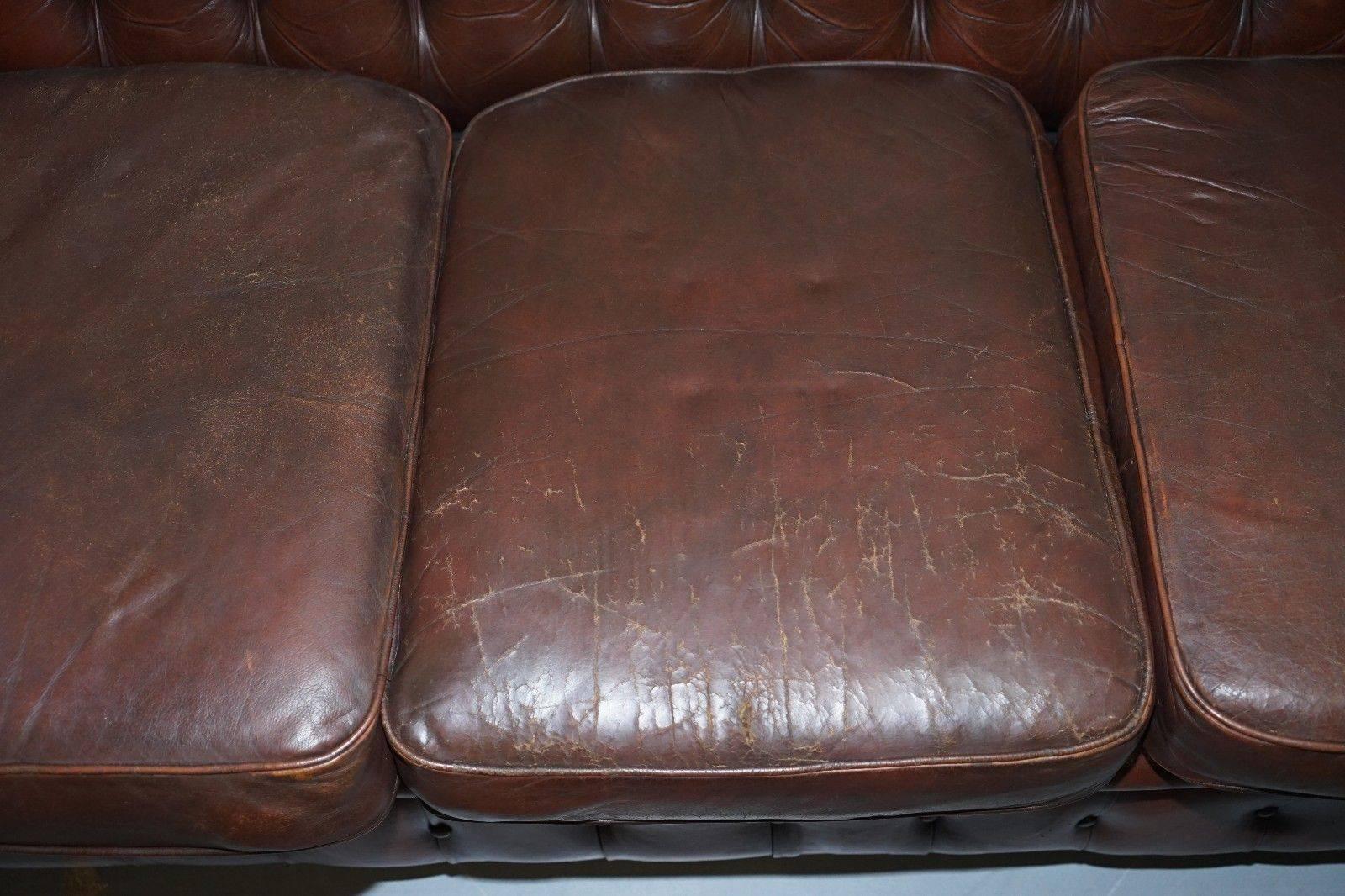 20th Century Vintage Midcentury Distressed Chesterfield Aged Brown Leather Club Sofa Oak