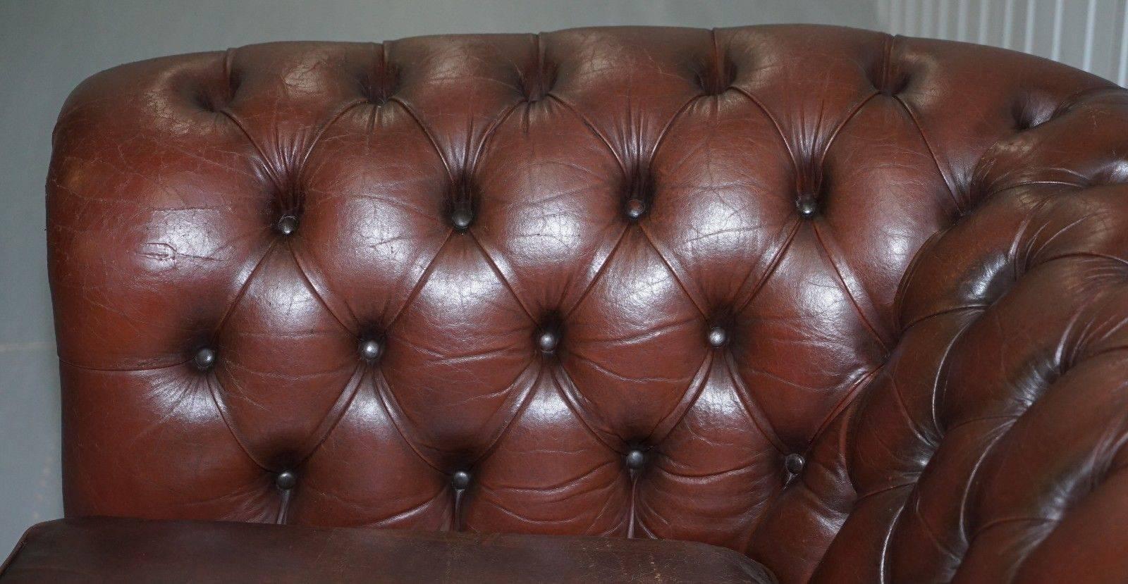 Vintage Midcentury Distressed Chesterfield Aged Brown Leather Club Sofa Oak 1
