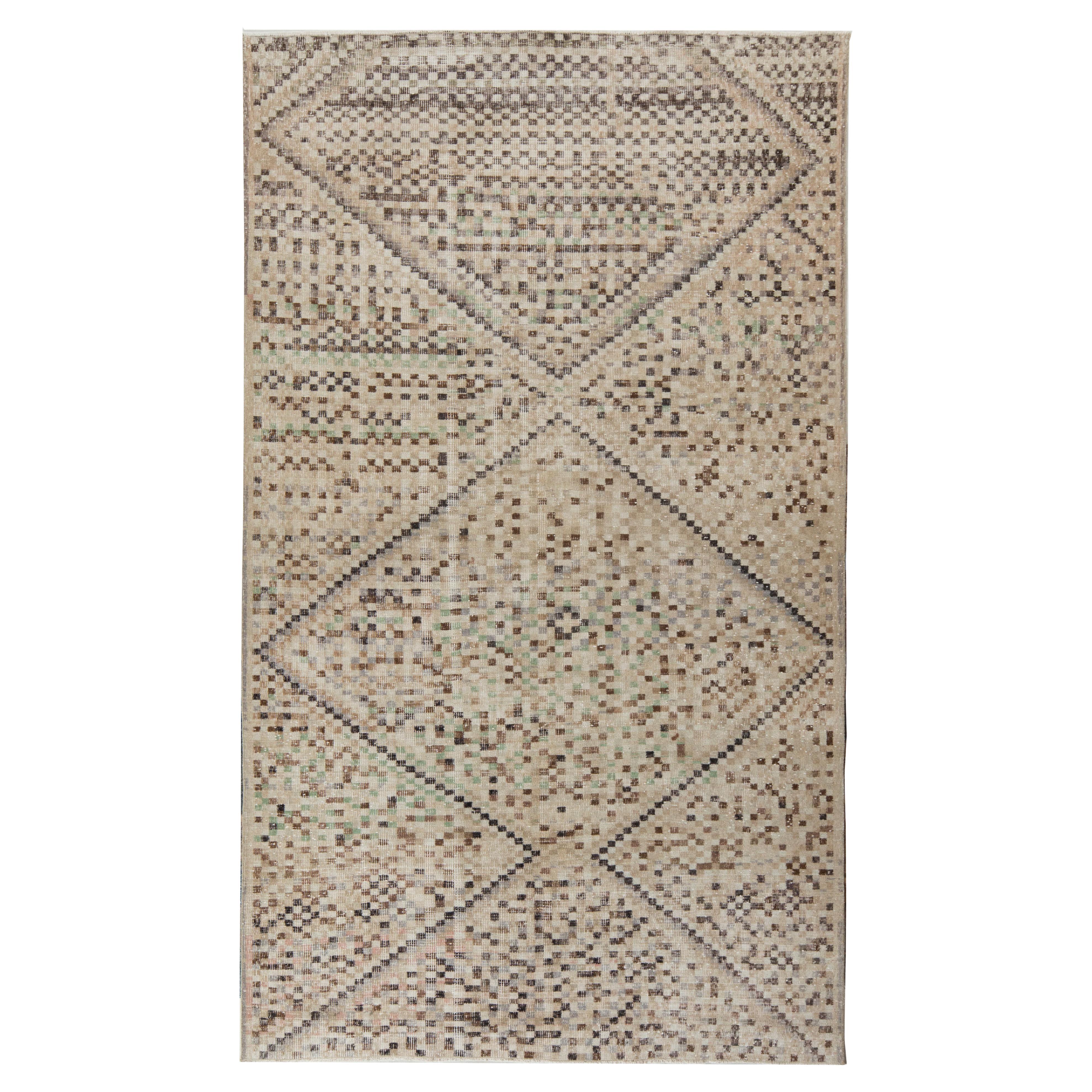 Vintage Mid-Century Distressed Deco Rug in Beige, Black Pattern by Rug & Kilim For Sale