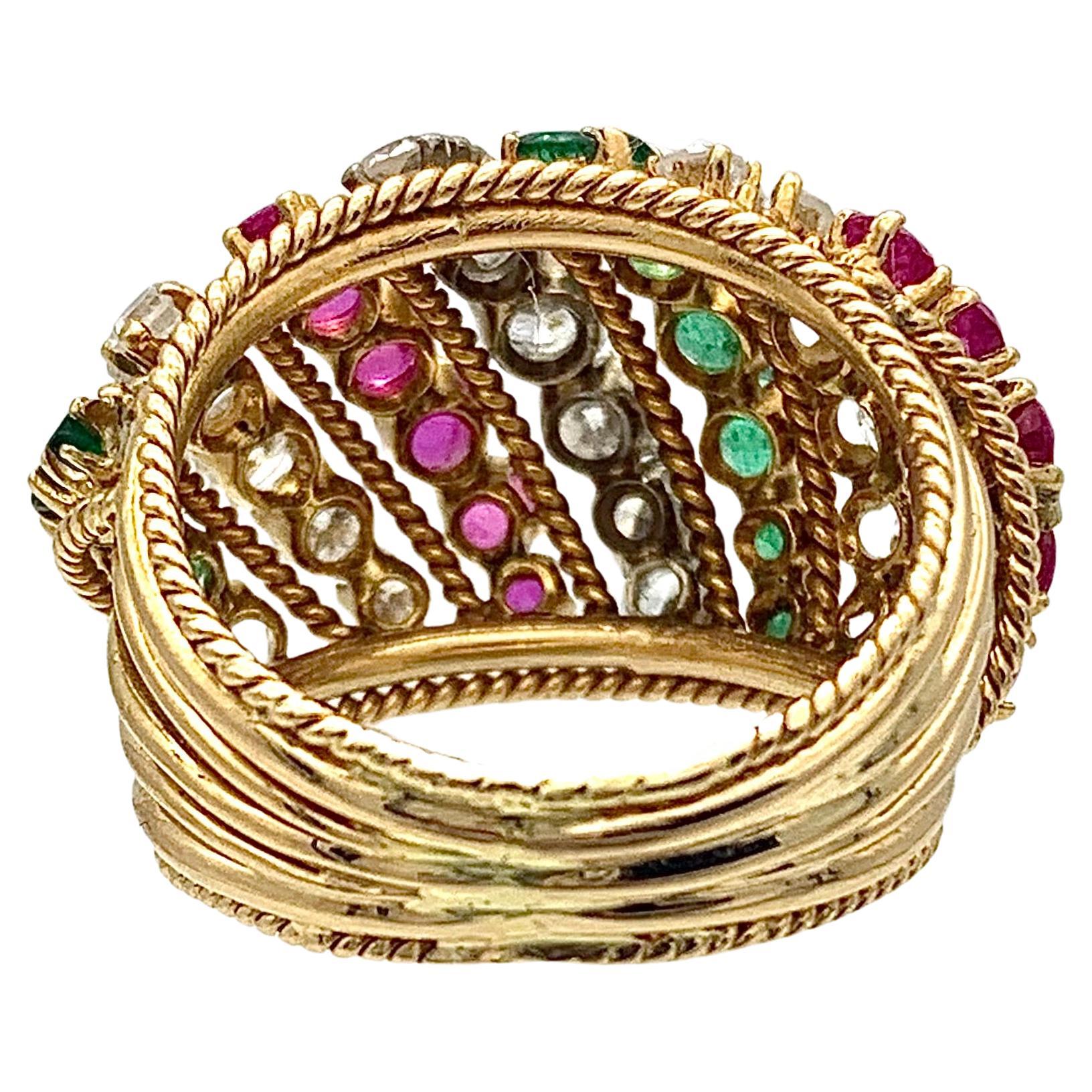 Post-War Vintage Mid-Century Dome Shaped Cocktail Ring 14 Karat Gold Emerald Ruby Diamond For Sale