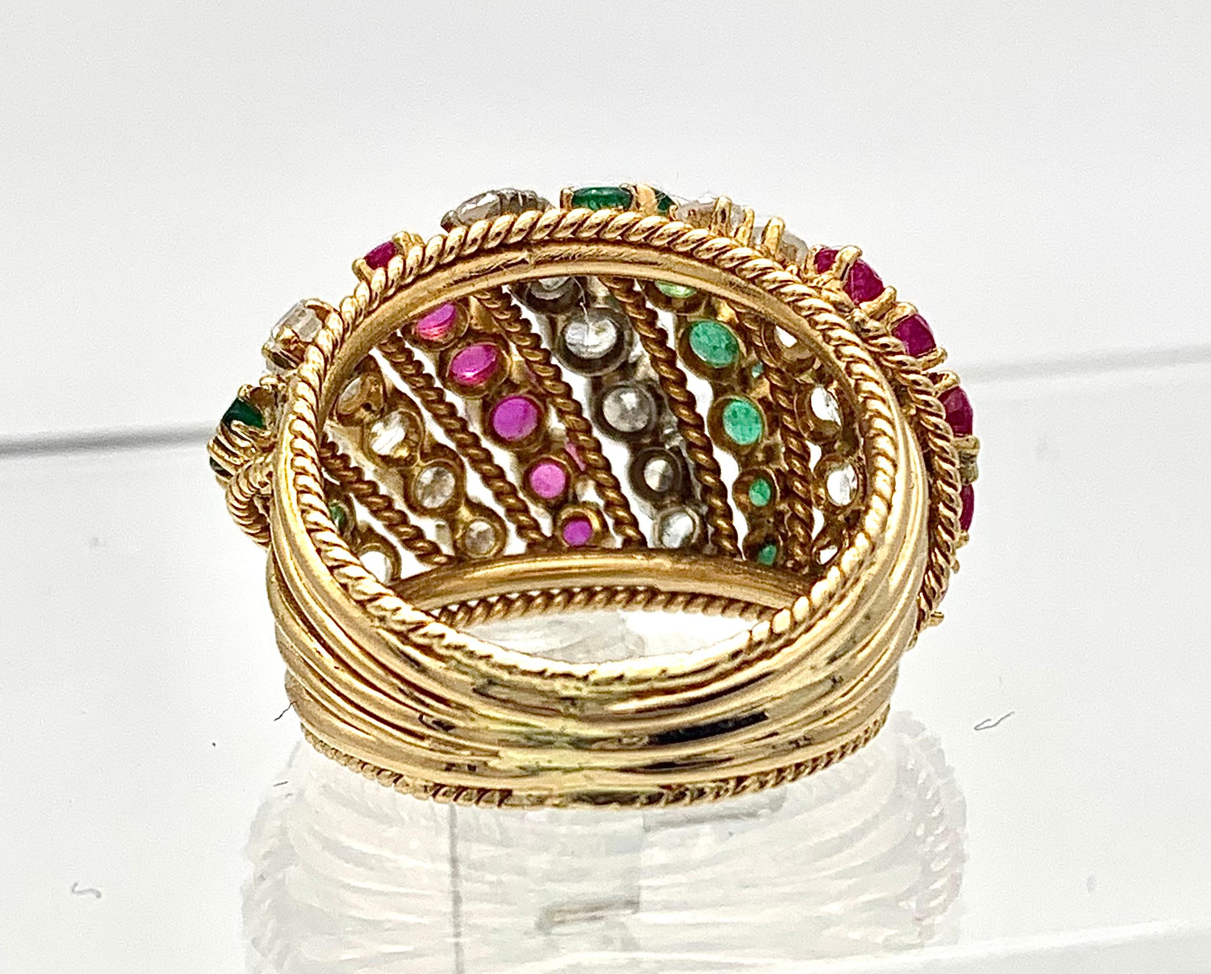 Round Cut Vintage Mid-Century Dome Shaped Cocktail Ring 14 Karat Gold Emerald Ruby Diamond For Sale