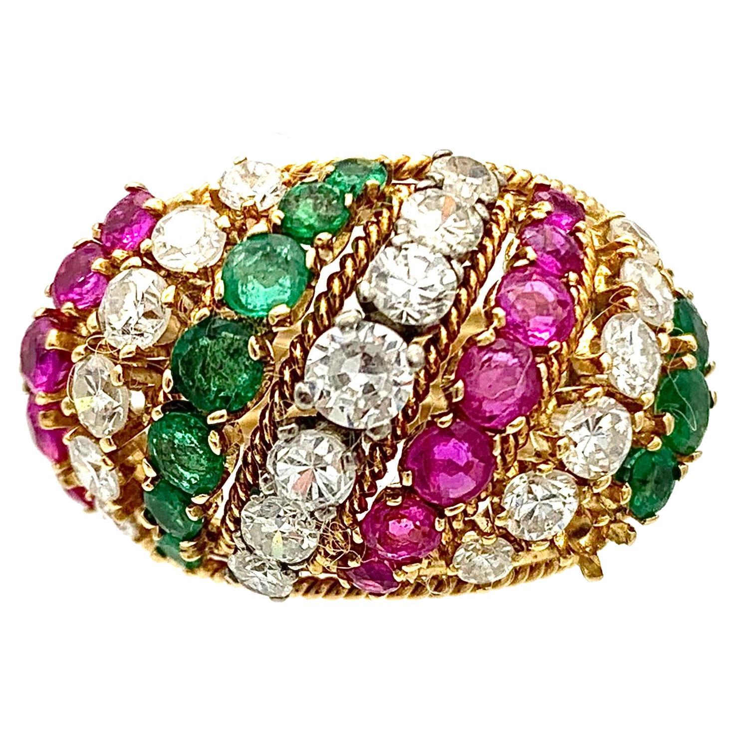 Vintage Mid-Century Dome Shaped Cocktail Ring 14 Karat Gold Emerald Ruby Diamond For Sale