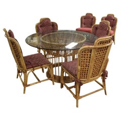 Vintage Mid Century Dorothy McGuire Style Round Dining Table & 6 Wicker Chairs