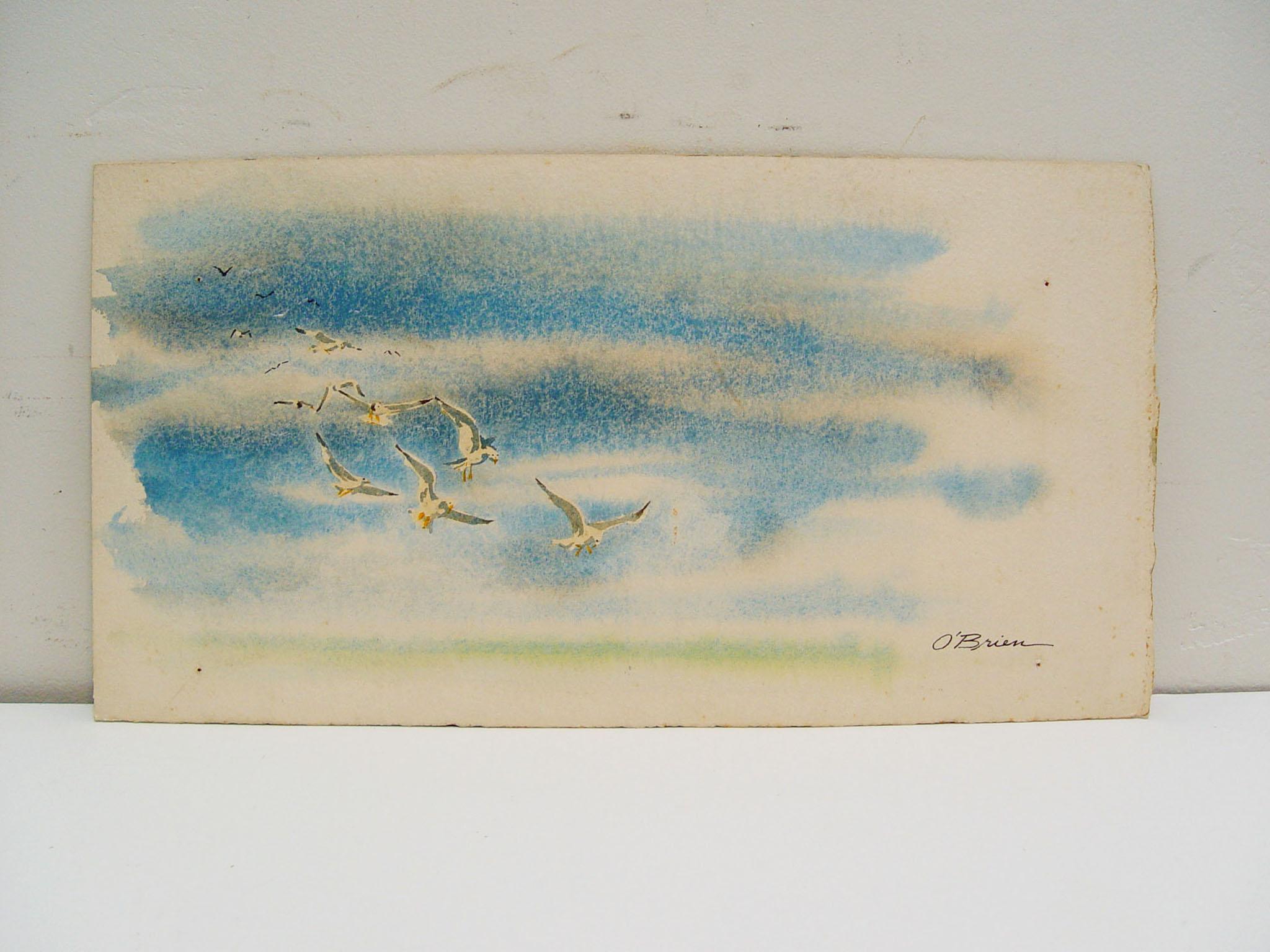 Vintage mid 20th century two-sided reversible watercolor on heavy textured paper, circa 1970. One side is of blue sky with seagulls, signed 