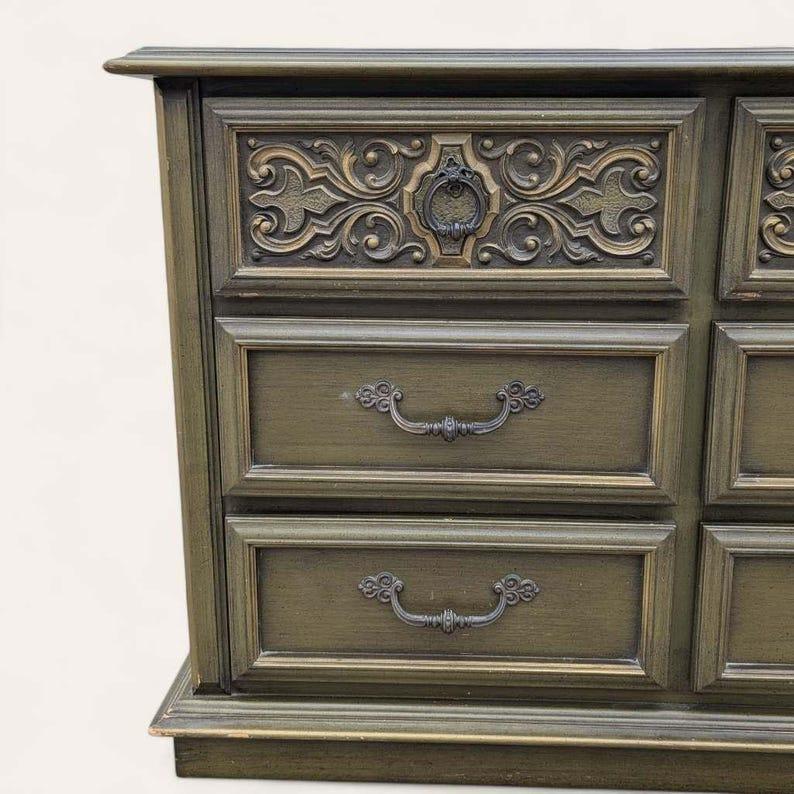 Vintage Mid Century Dresser, Spanish Revival, Carved Wood, c. 1970s, Lowboy In Good Condition For Sale In Rancho Cucamonga, CA