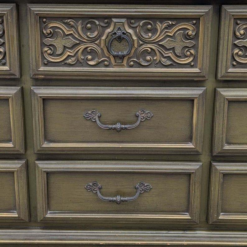 Late 20th Century Vintage Mid Century Dresser, Spanish Revival, Carved Wood, c. 1970s, Lowboy For Sale