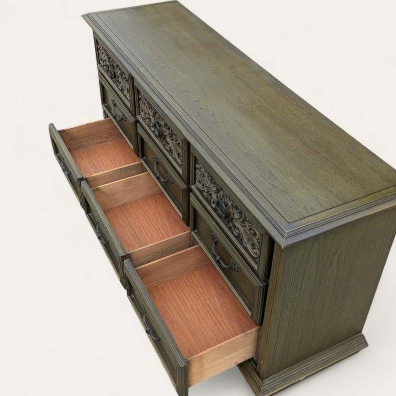 Vintage Mid Century Dresser, Spanish Revival, Carved Wood, c. 1970s, Lowboy For Sale 1