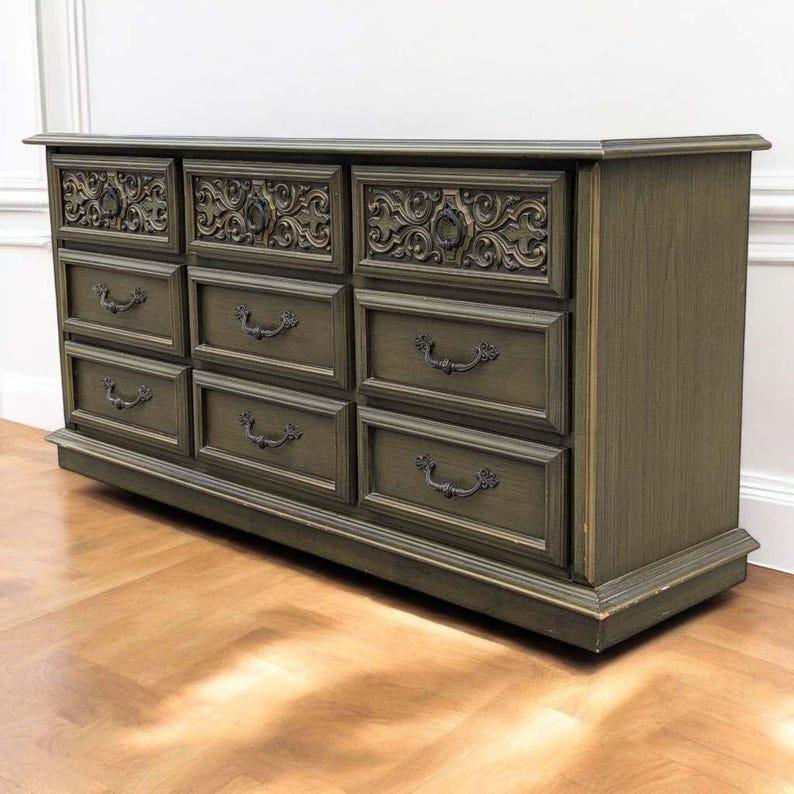 Vintage Mid Century Dresser, Spanish Revival, Carved Wood, c. 1970s, Lowboy For Sale 3