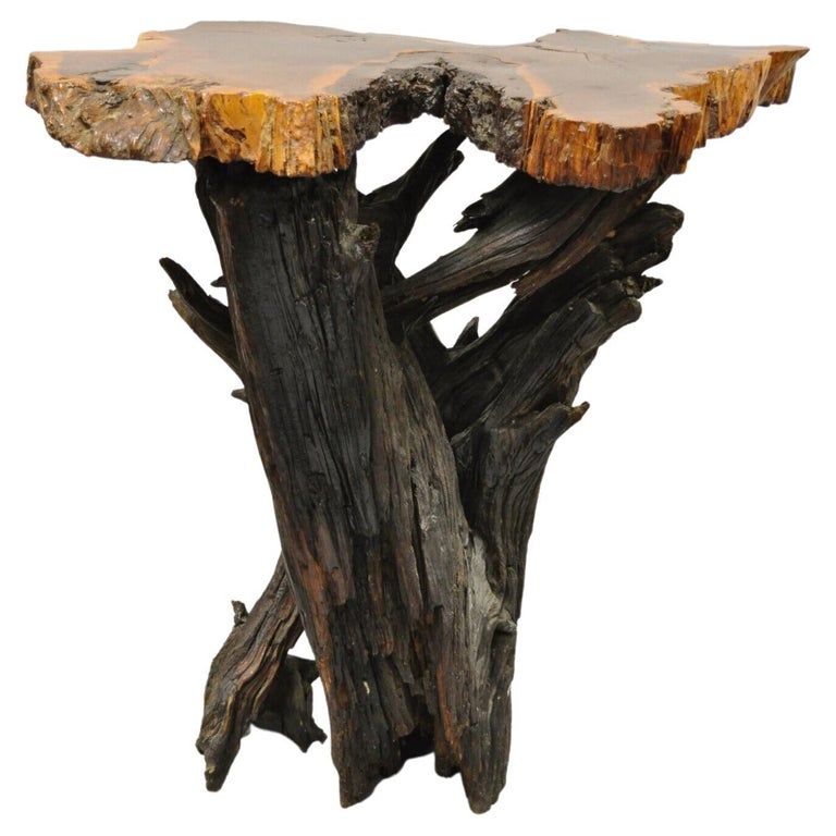 Vintage Mid Century Driftwood Burl Wood Slab 36" Side Table For Sale at 1stDibs