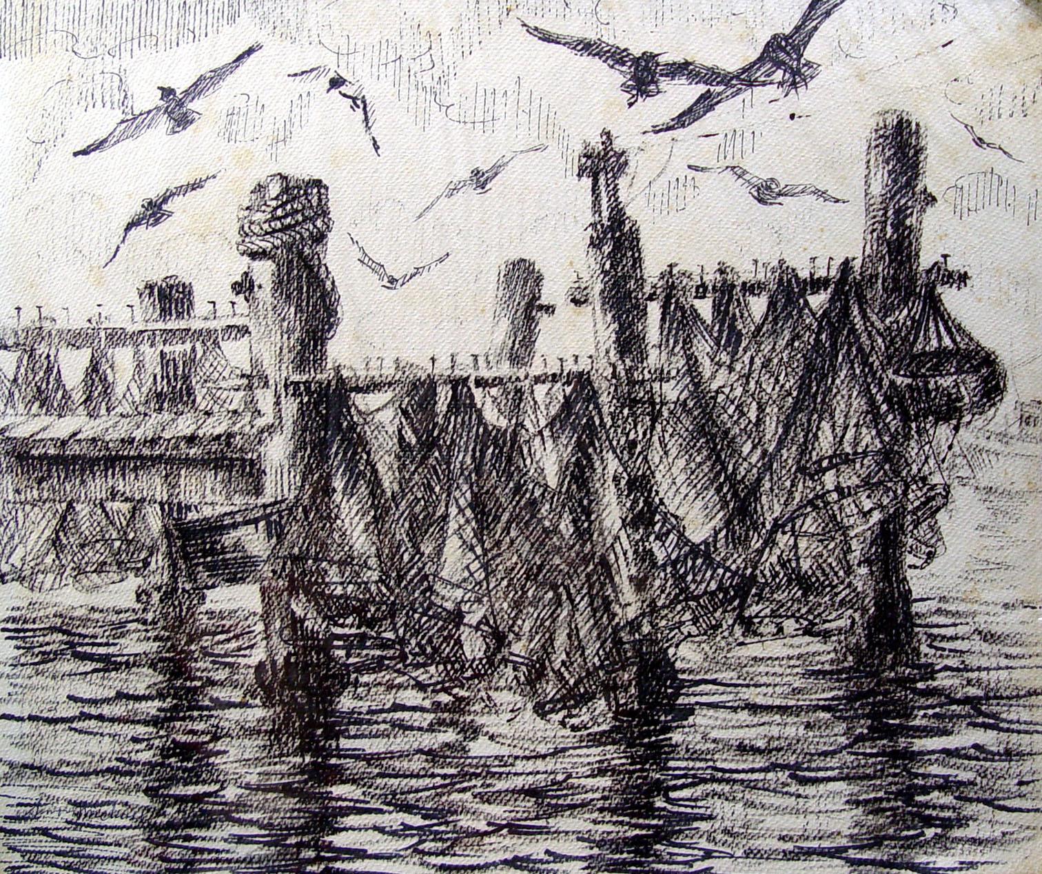 Harbor scene of drying fishing nets on the Texas Gulf Coast by Michael Simon (1905-2002), a noted Rockport, Texas artist, teacher and philosopher, circa 1980. Signed lower left corner. Unframed, on textured watercolor paper, age toning, edge wear.