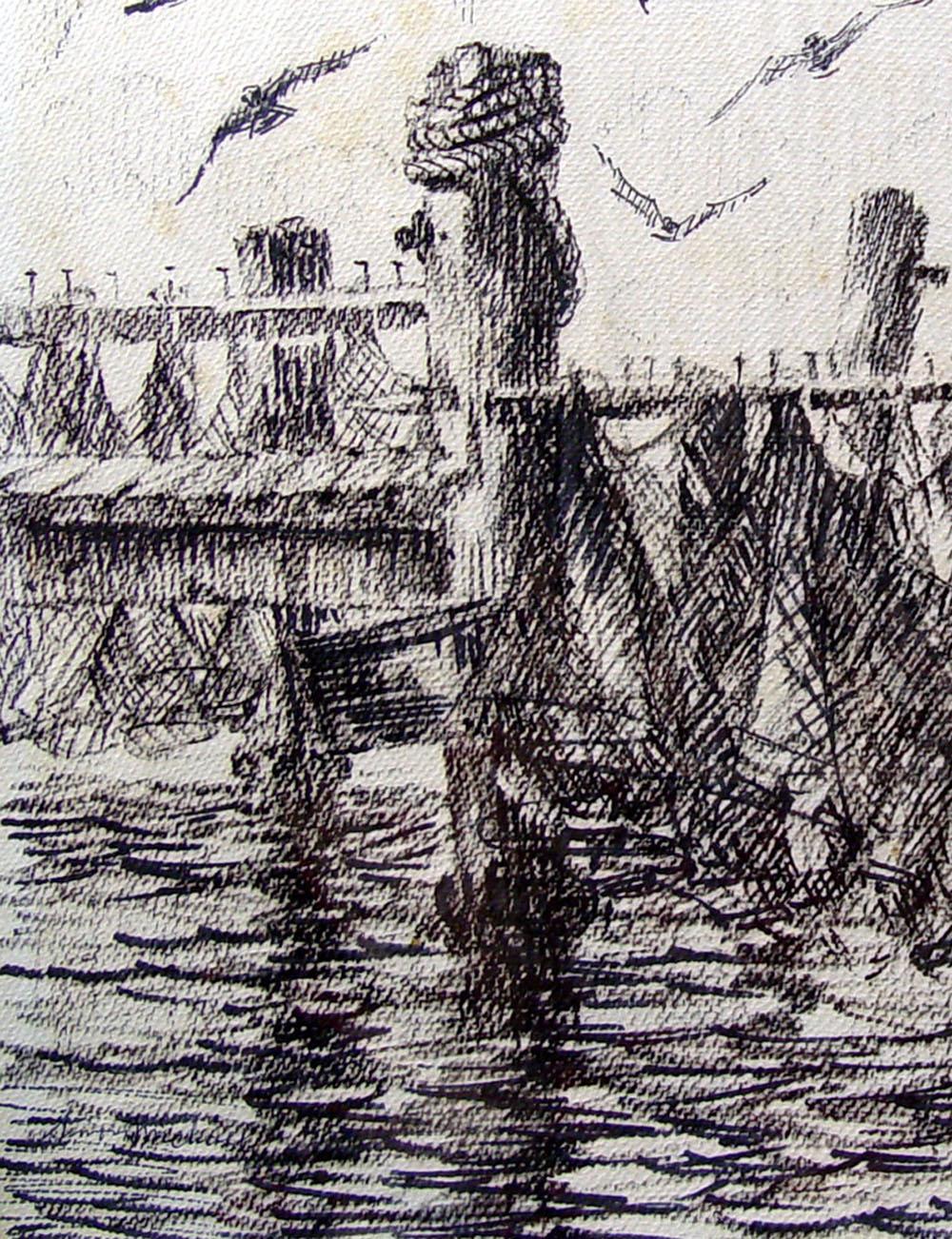 Rustic Vintage Mid-Century Drying Nets Pen & Ink Drawing by Simon Michael For Sale