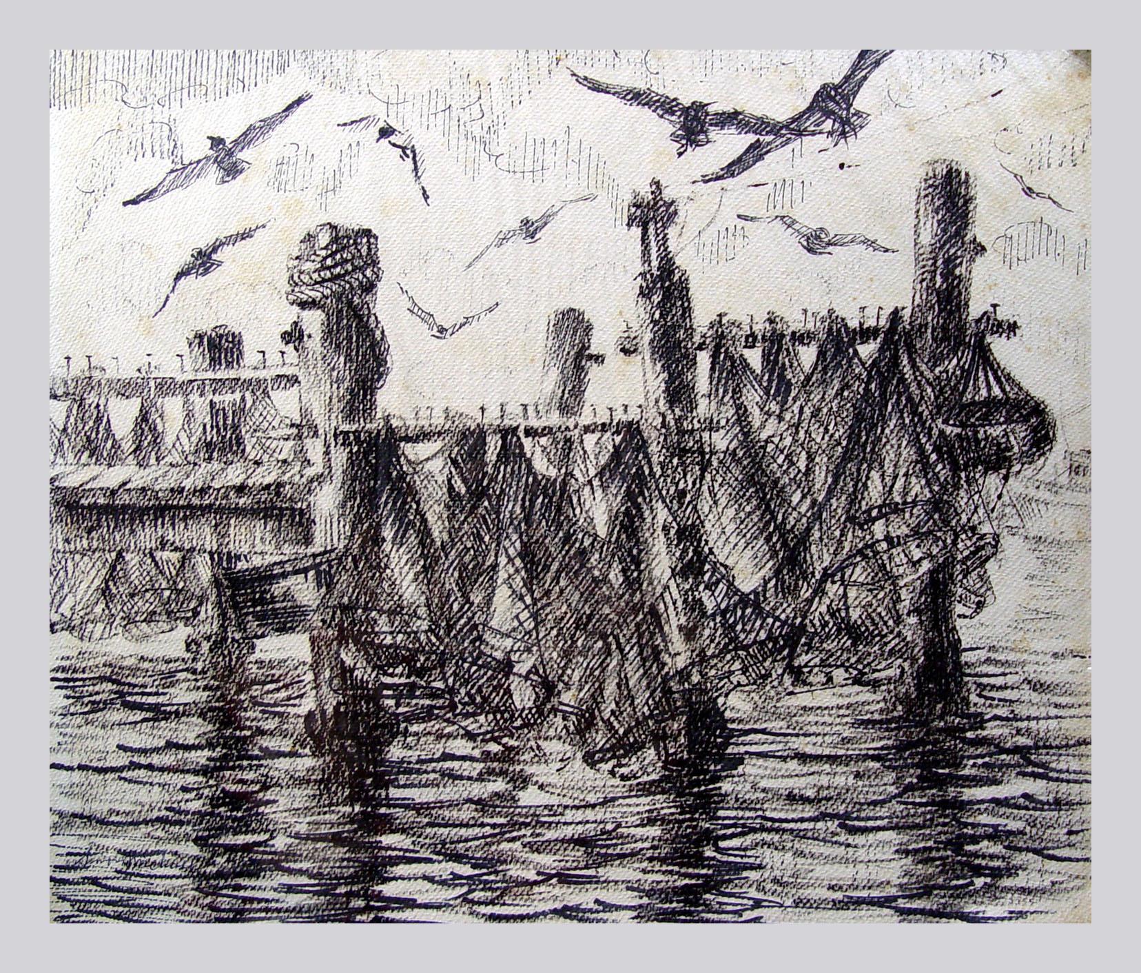 American Vintage Mid-Century Drying Nets Pen & Ink Drawing by Simon Michael For Sale