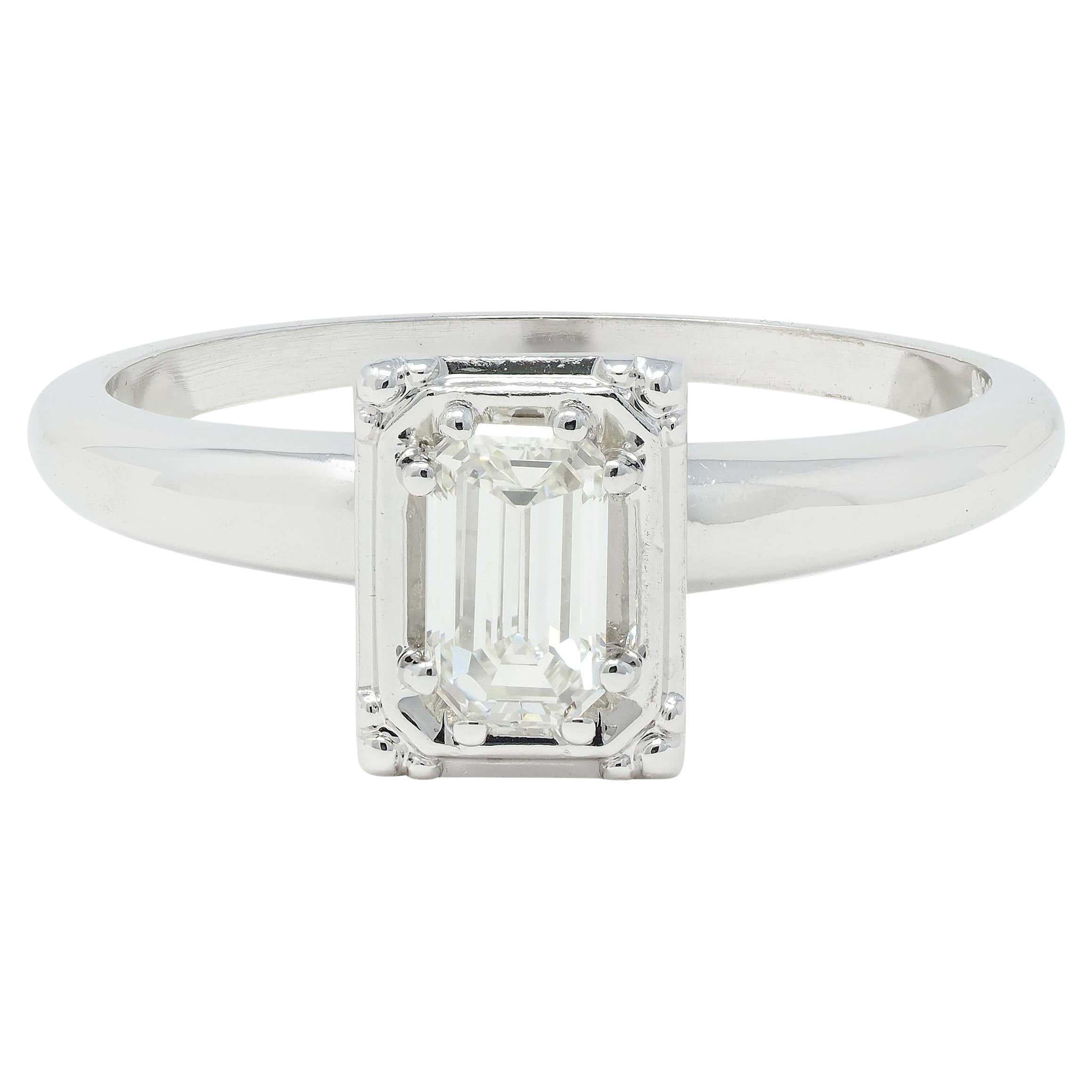 Vintage Mid-Century Emerald Cut Diamond 14 Karat White Gold Engagement Ring For Sale
