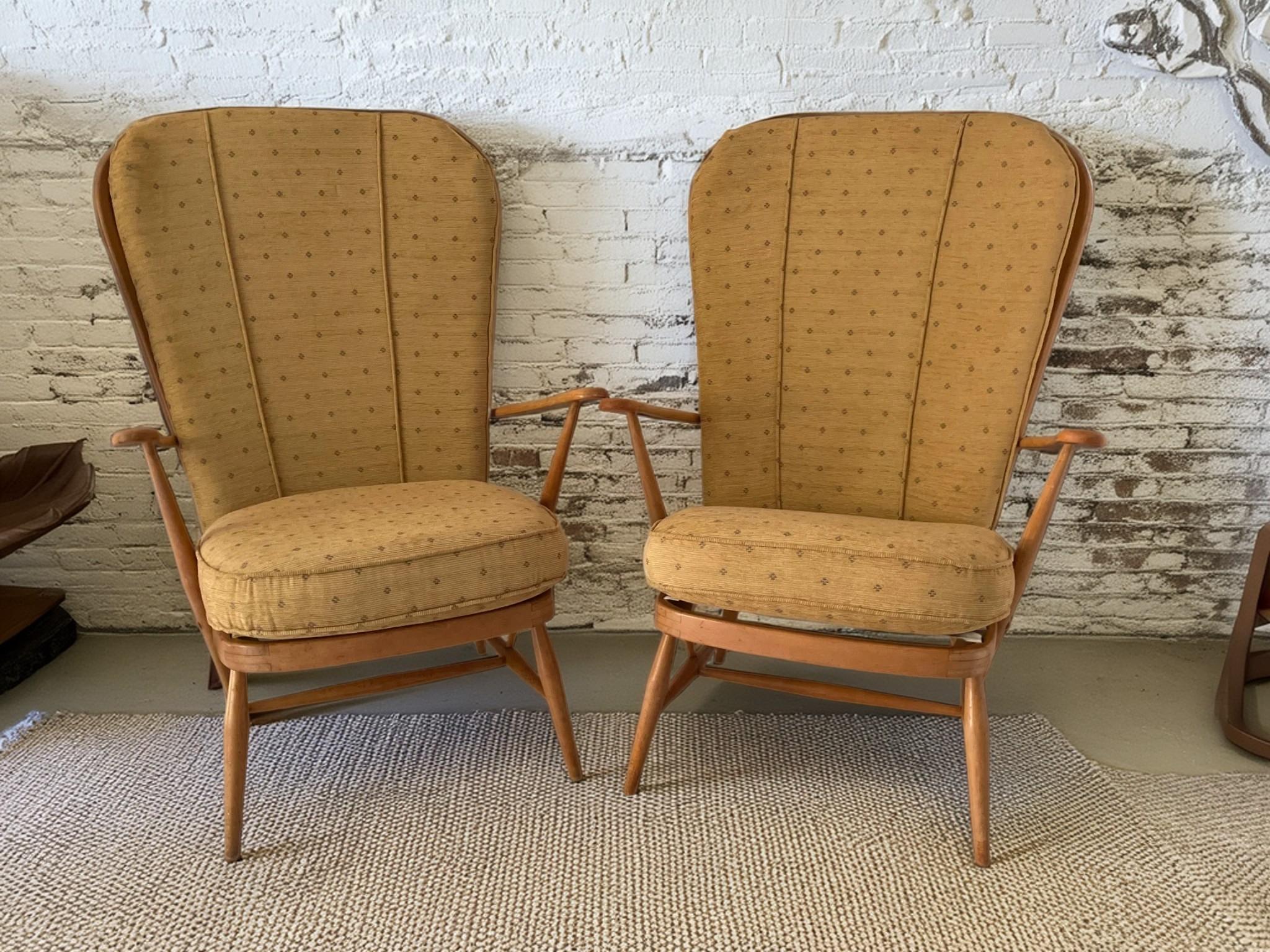 Vintage Mid Century Ercol Windsor High Back Grandfather Armchair Model 478 x 2 (Ulmenholz) im Angebot