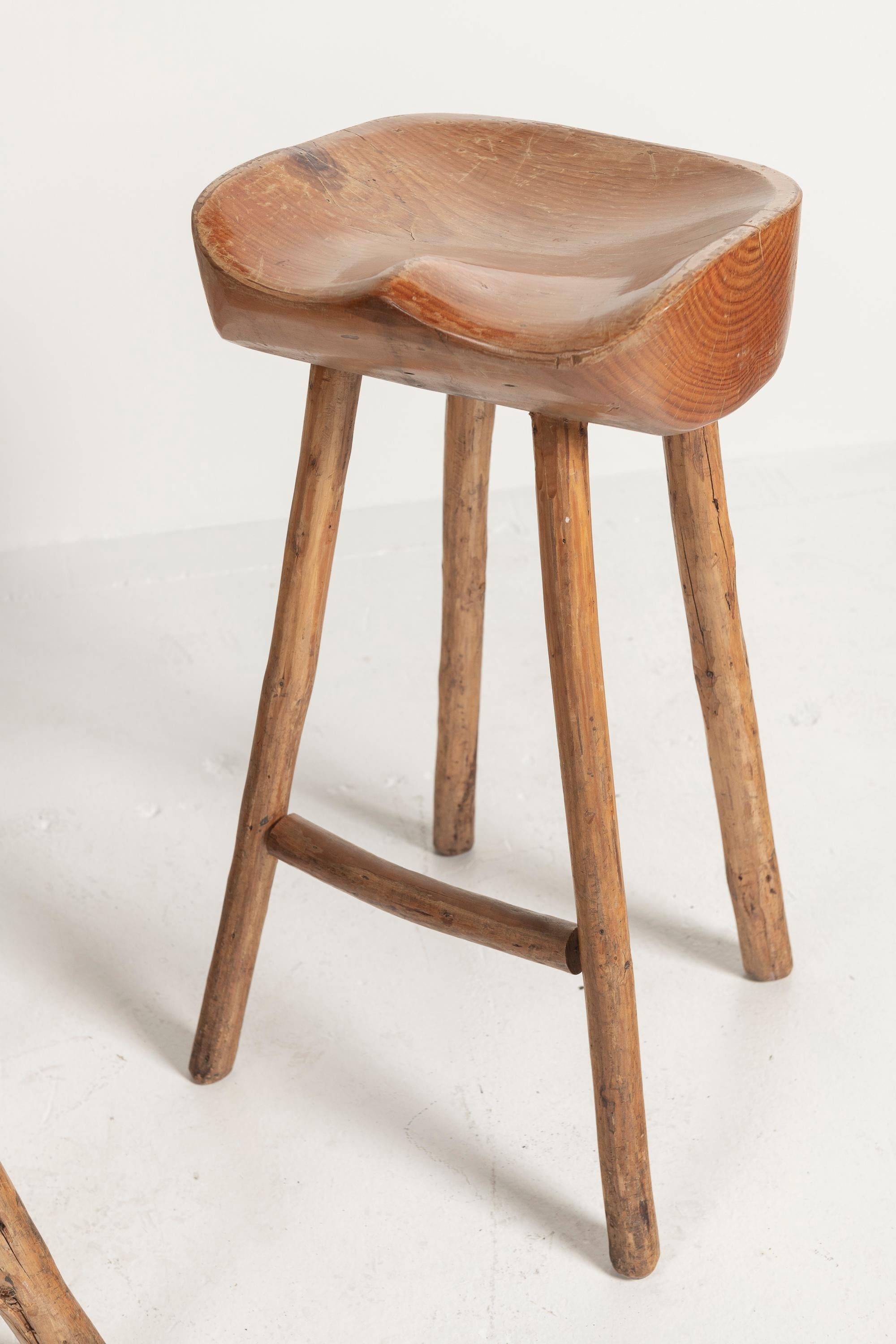 Vintage Mid-Century Farmhouse Stools Hand-Crafted in Natural Wood In Good Condition For Sale In San Francisco, CA