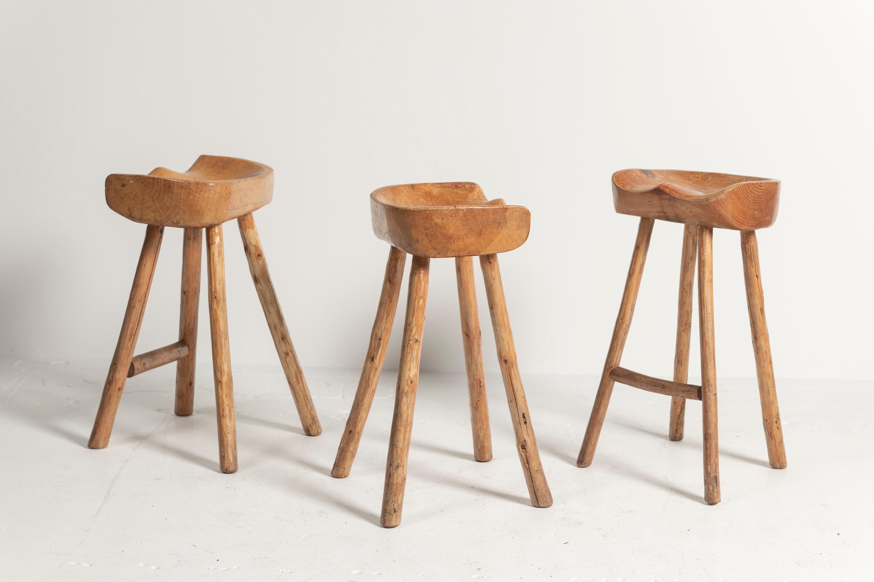 20th Century Vintage Mid-Century Farmhouse Stools Hand-Crafted in Natural Wood For Sale