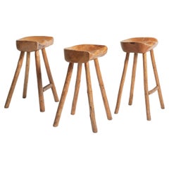 Vintage Mid-Century Farmhouse Stools Hand-Crafted in Natural Wood
