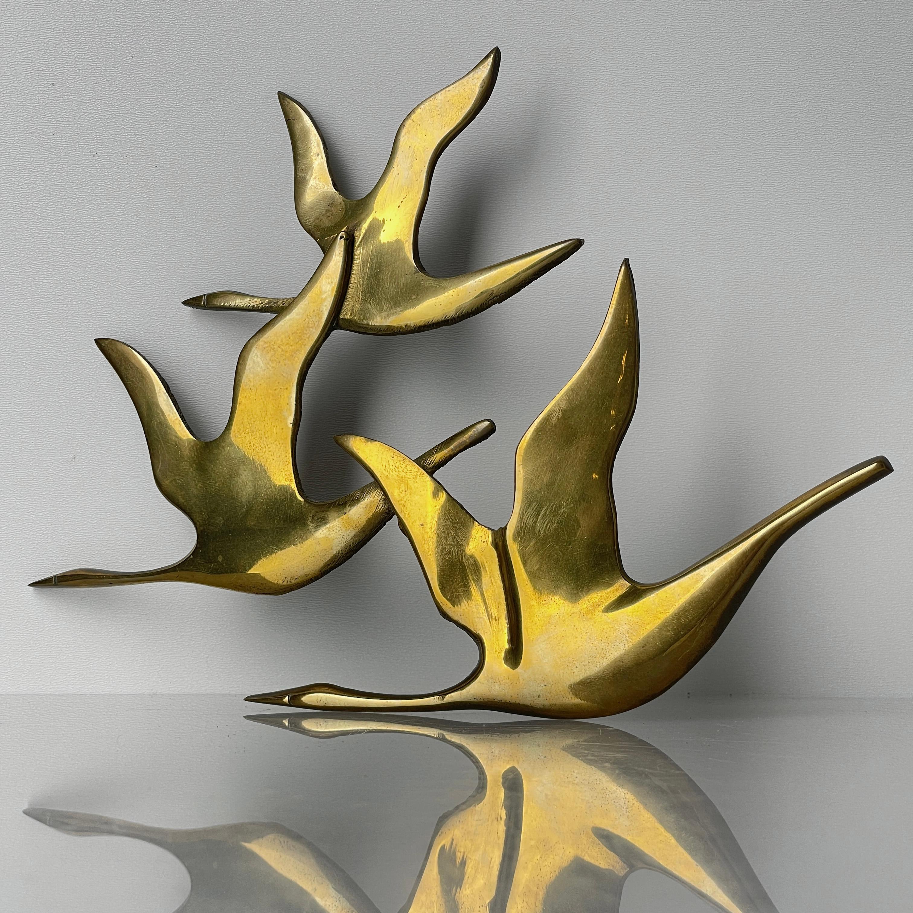 European Vintage Mid Century Flying Geese Brass Wall Decoration For Sale
