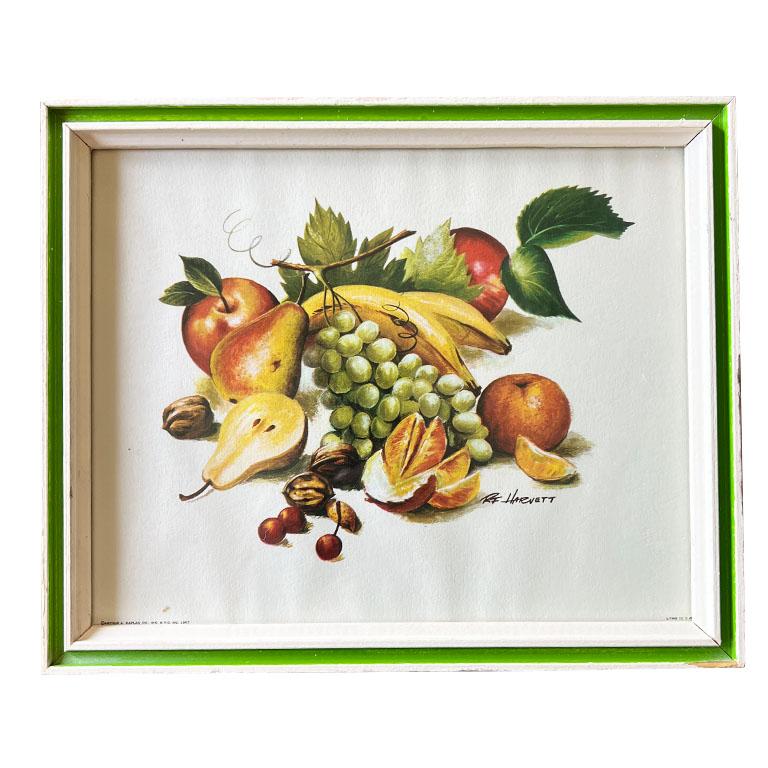 Vintage Mid Century Framed Fruit Print with Green Frame R. F. Harnett