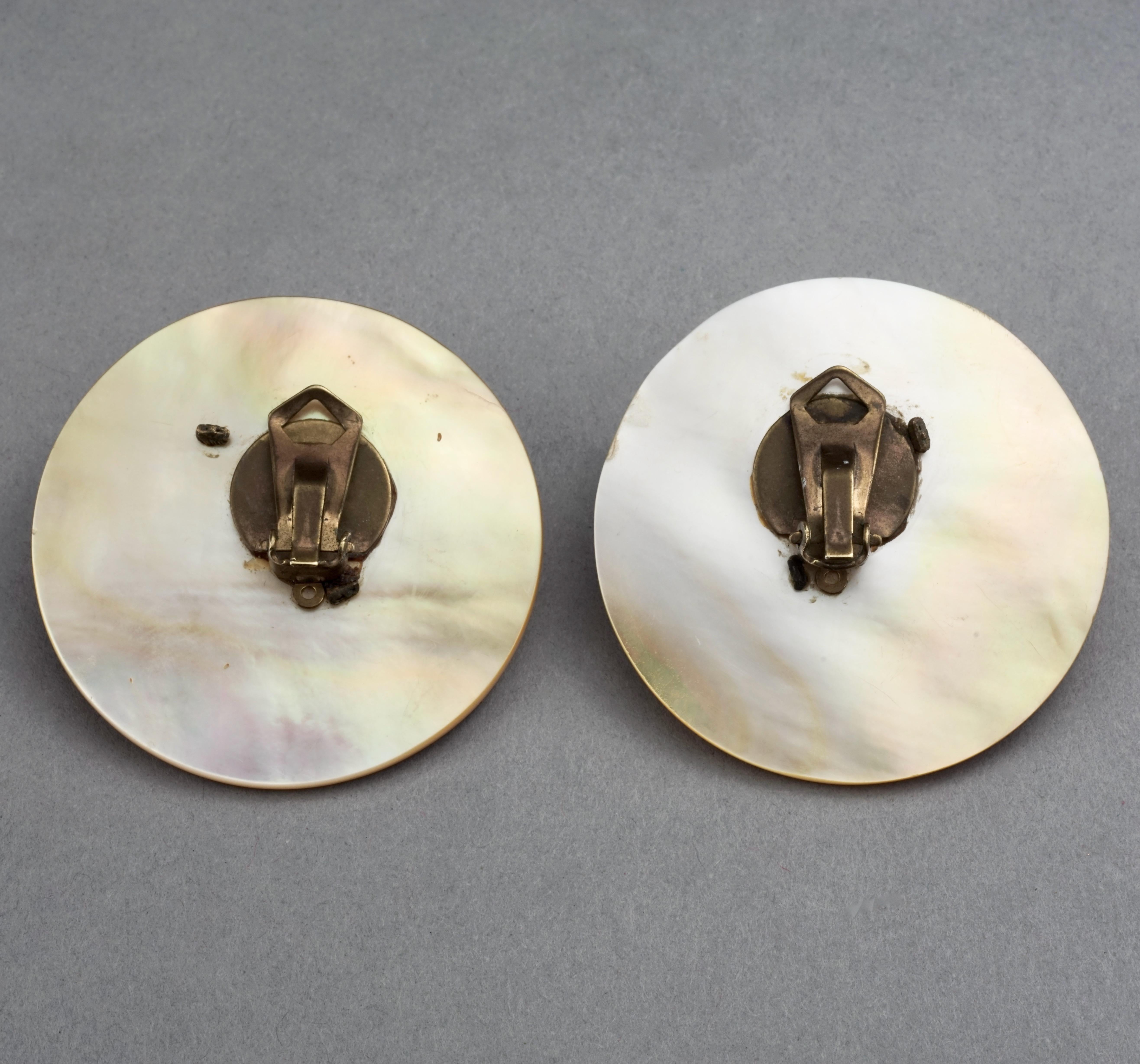 Vintage Mid Century French Mother of Pearl Jeweled Disc Earrings For Sale 2