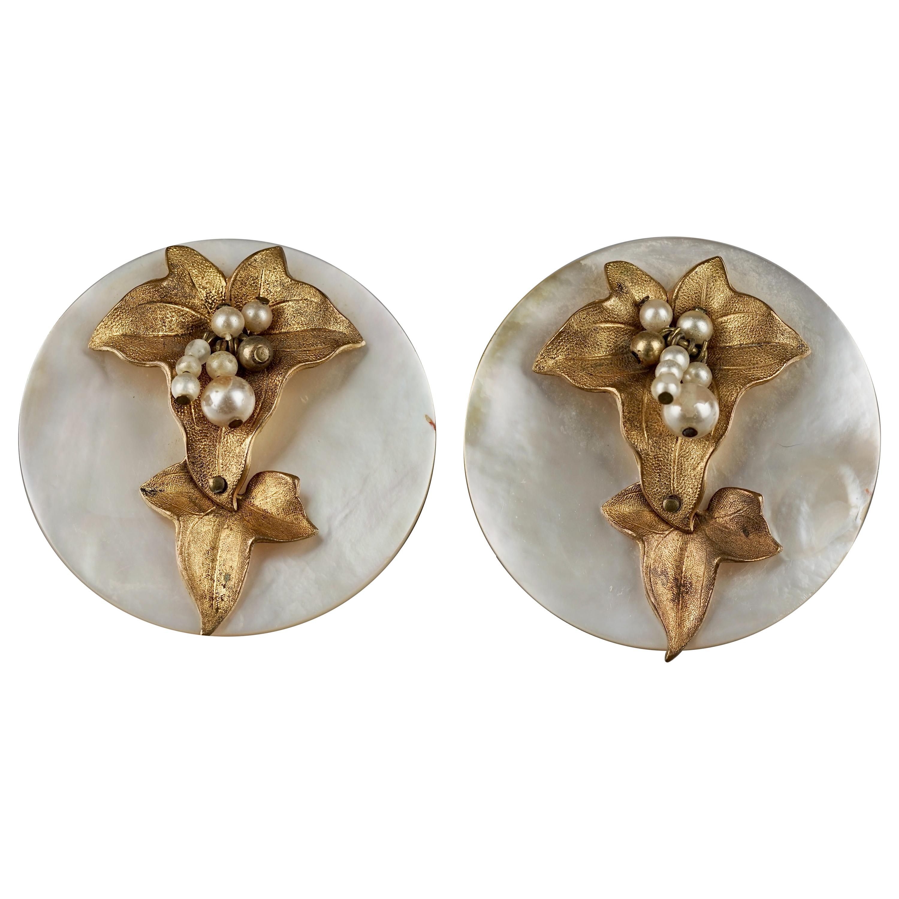 Vintage Mid Century French Mother of Pearl Jeweled Disc Earrings For Sale